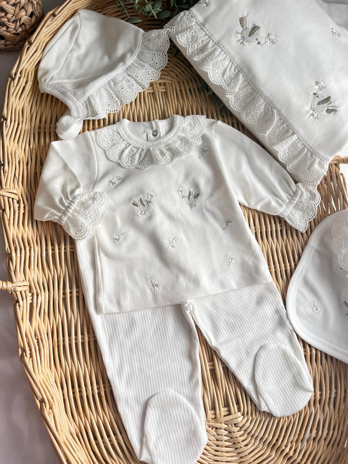 %100 Pamuk Kuş Nakışlı 10 Parça Yenidoğan Set