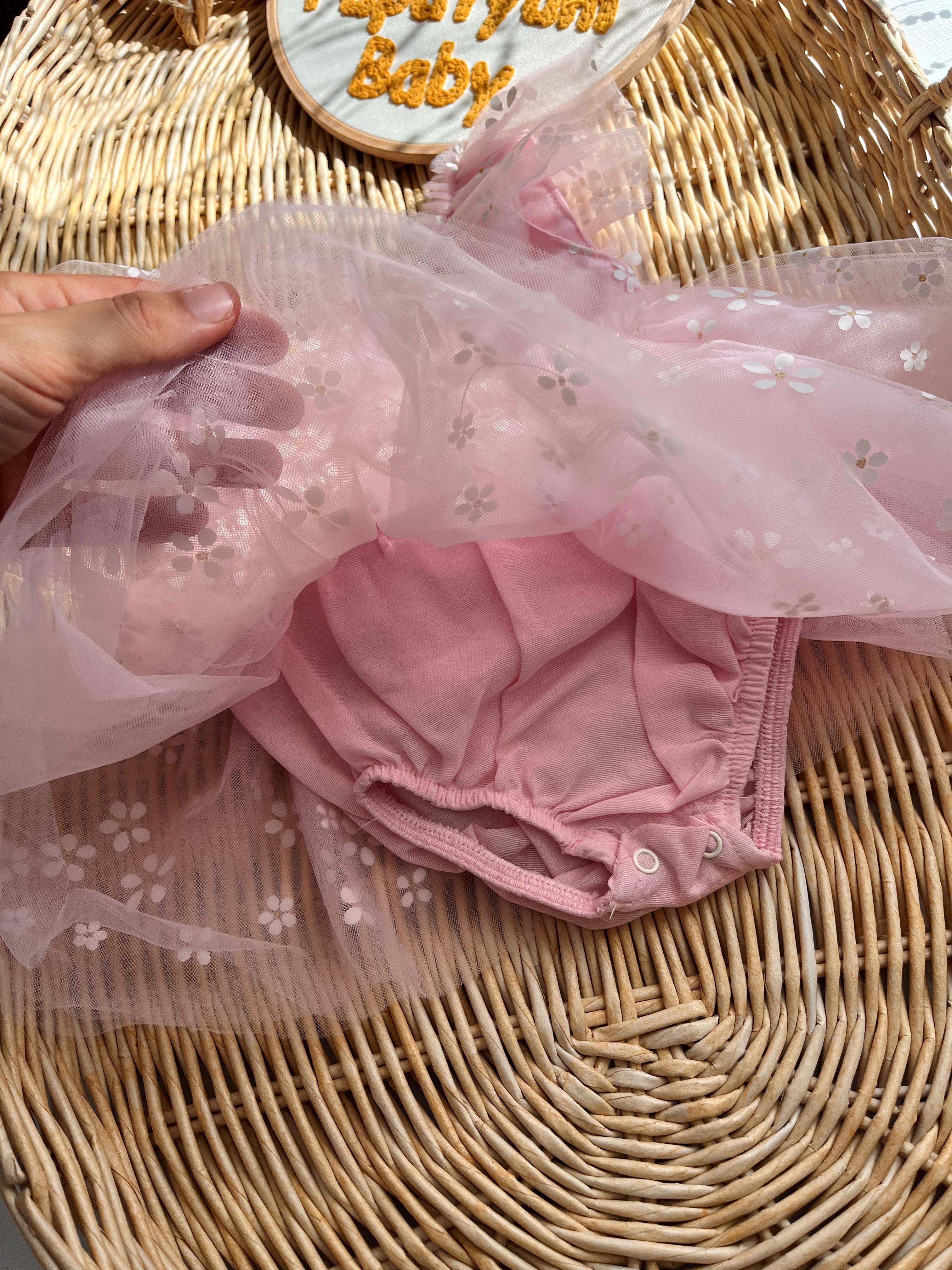 Bloom Papatya Desen Arkası Bağlamalı V sırt Detay Tül Elbise Pembe