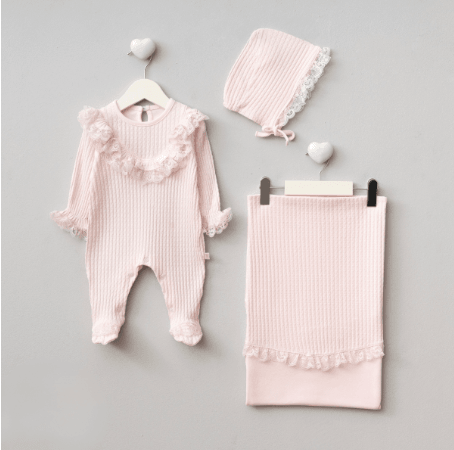 %100 Premium Pamuk Dantel Yaka 3 Parça Set