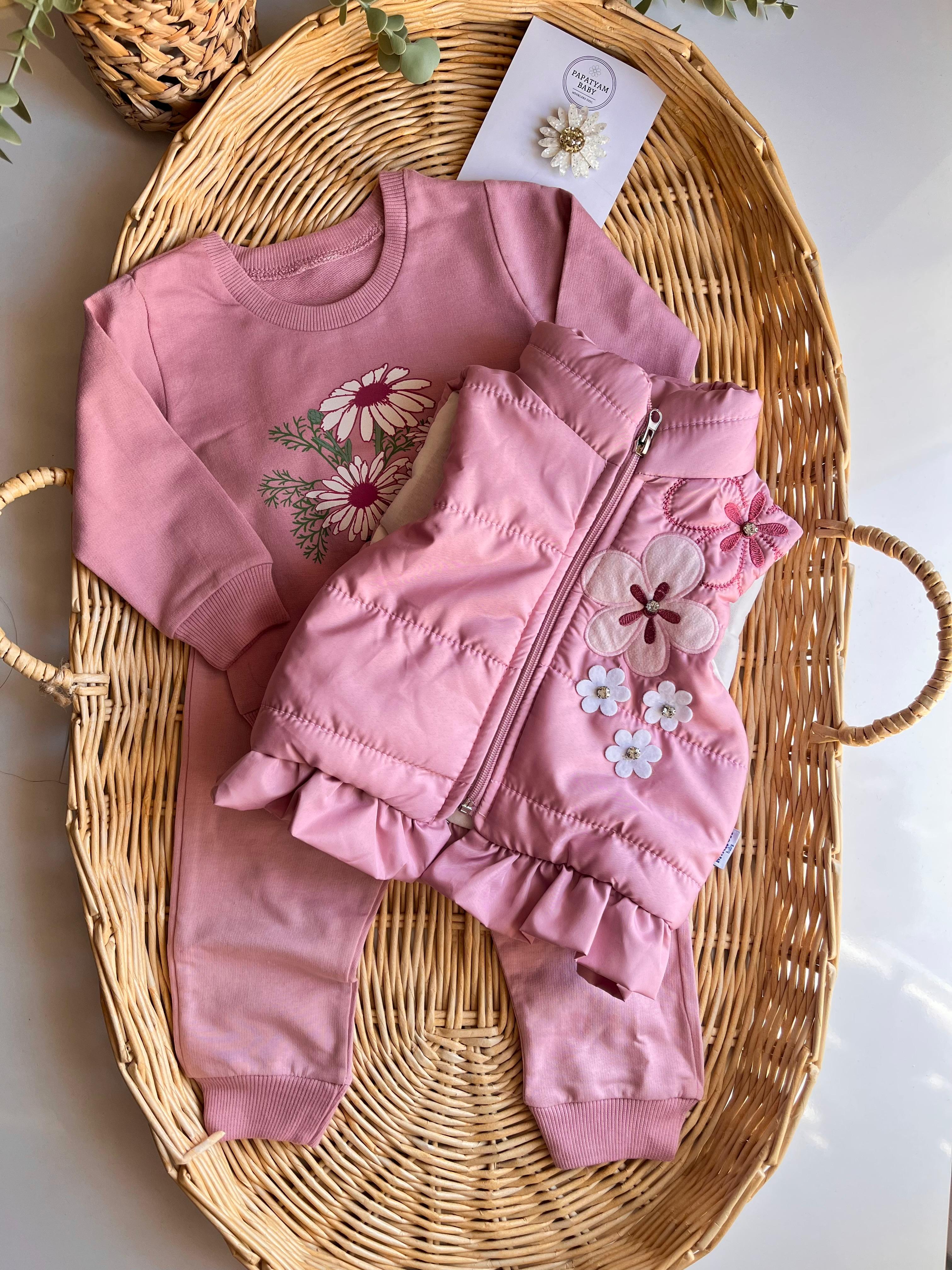 Çiçek Nakış Şişme Yelekli Fırfır Detay Tshirt Alt 3'lü Takım