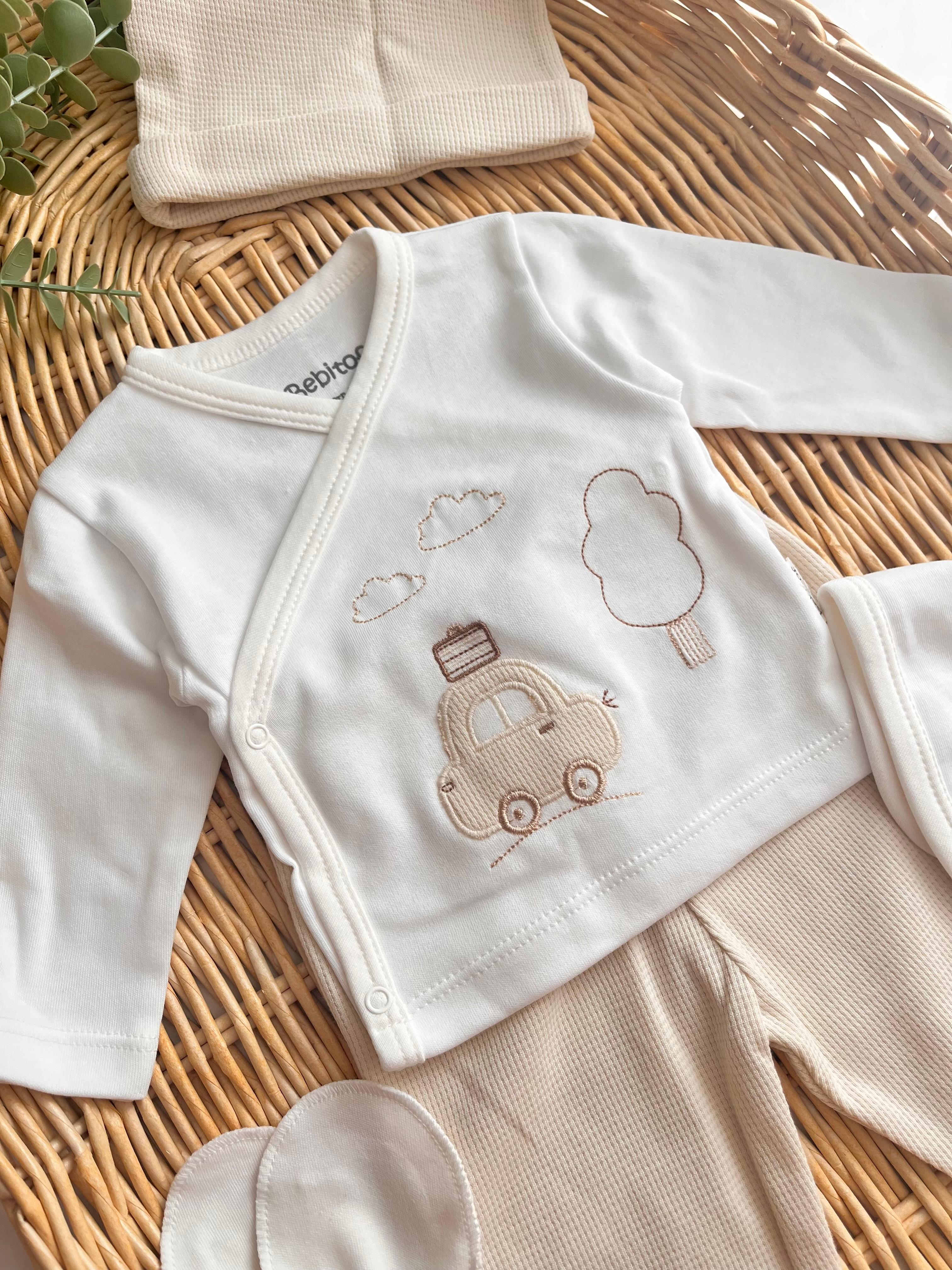 %100 Pamuk Erkek Bebek Araba Nakışlı 5'li Yenidoğan Set Bej