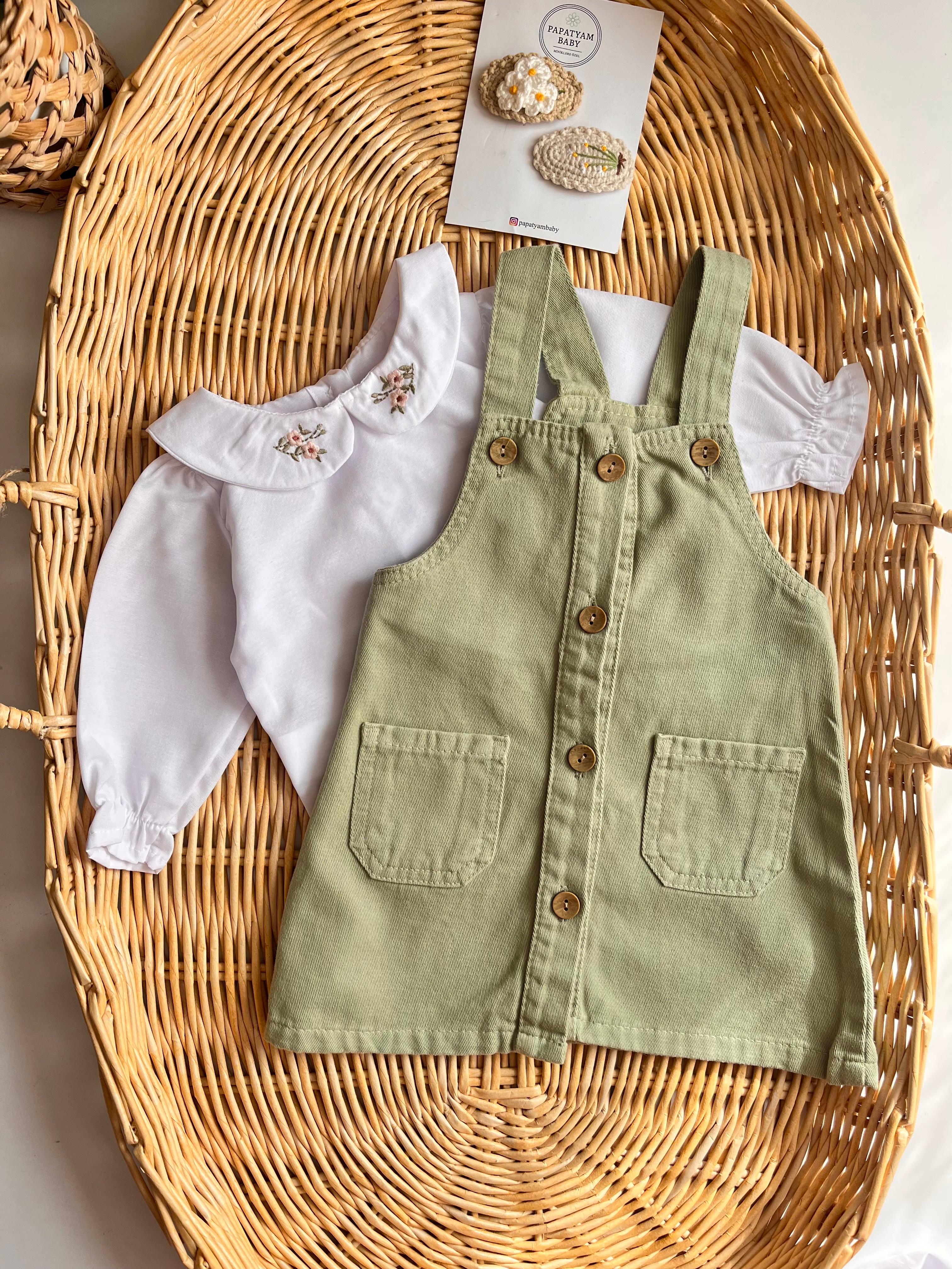 Çiçek Nakış Yaka Bluz Düğmeli Yeşil Kot Jile Elbise 2'li 