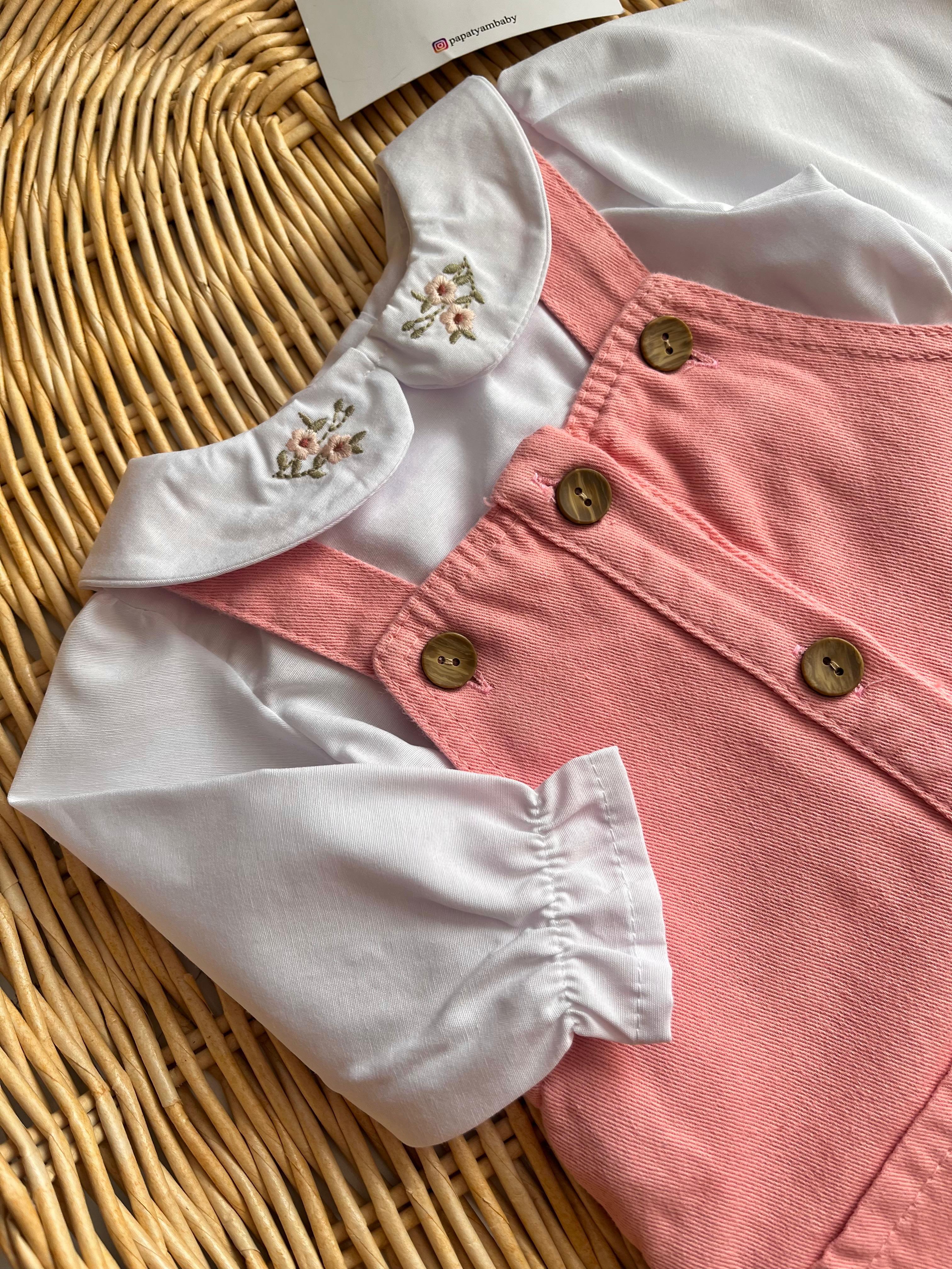 Çiçek Nakış Yaka Bluz ve Düğmeli Pembe Kot Jile Elbise 2'li 