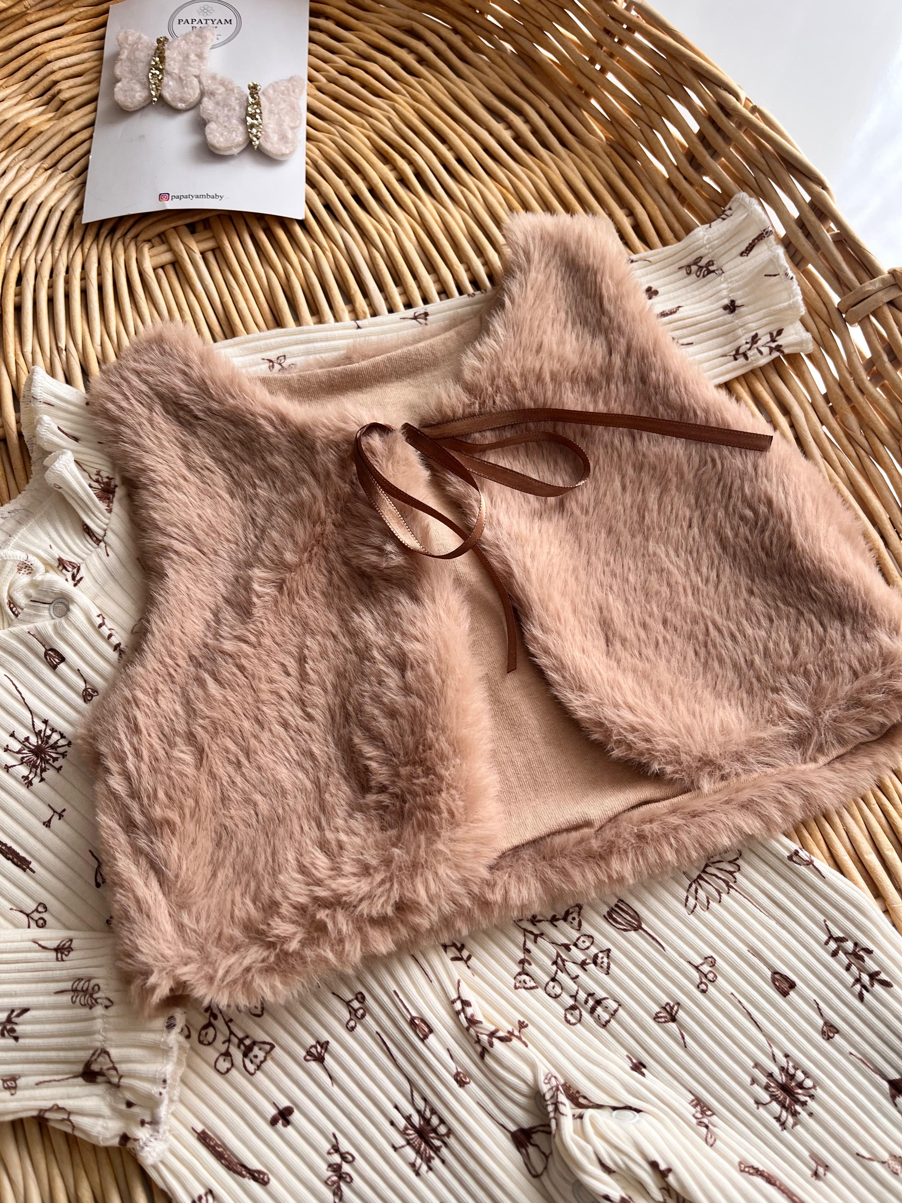 Peluş Yelekli Karahindiba Çiçeği Desenli 2'li Tulum Kahve