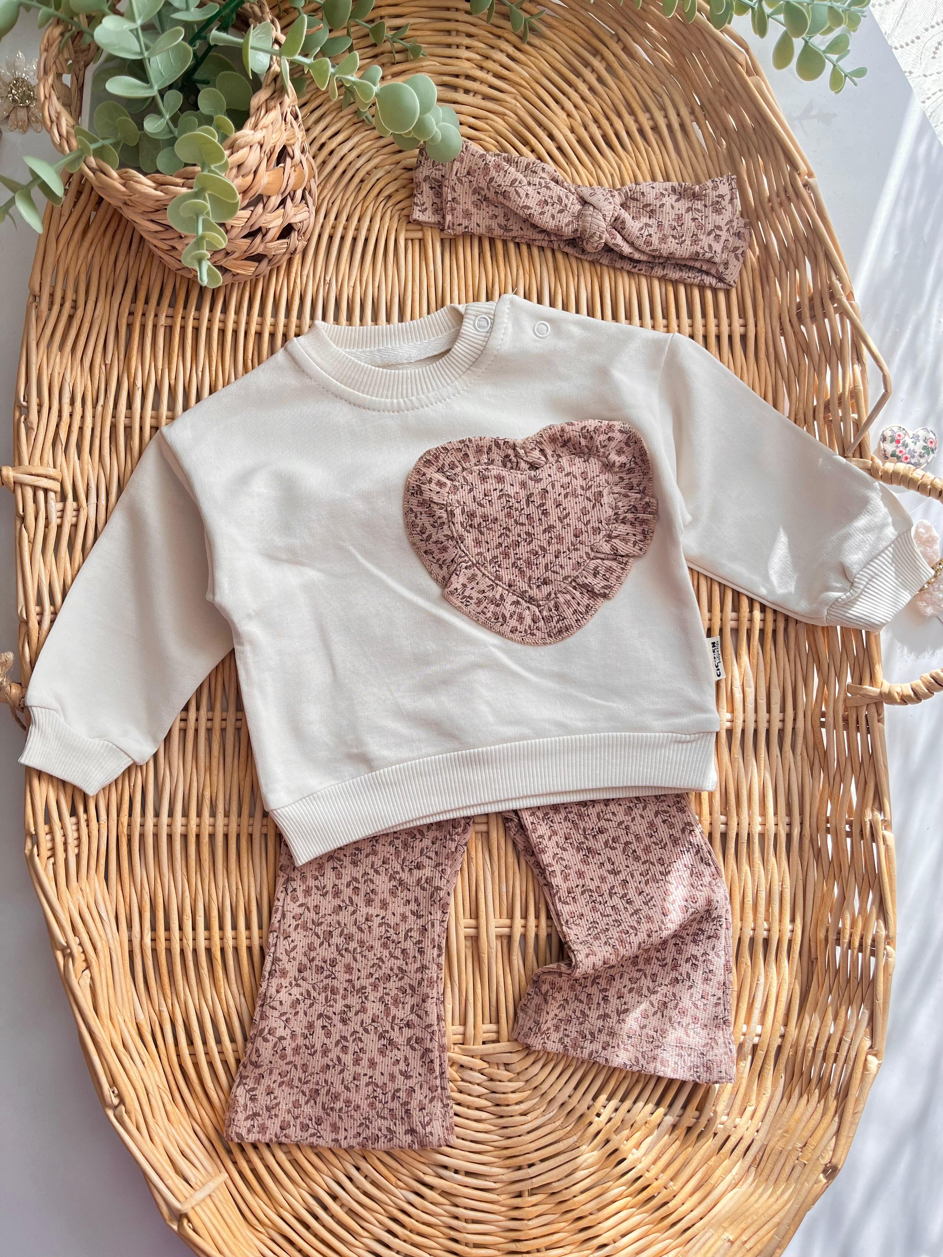 Çıtır Mini Çiçek Desen Kalp Detay Bandanalı 3'lü Takım Kahve