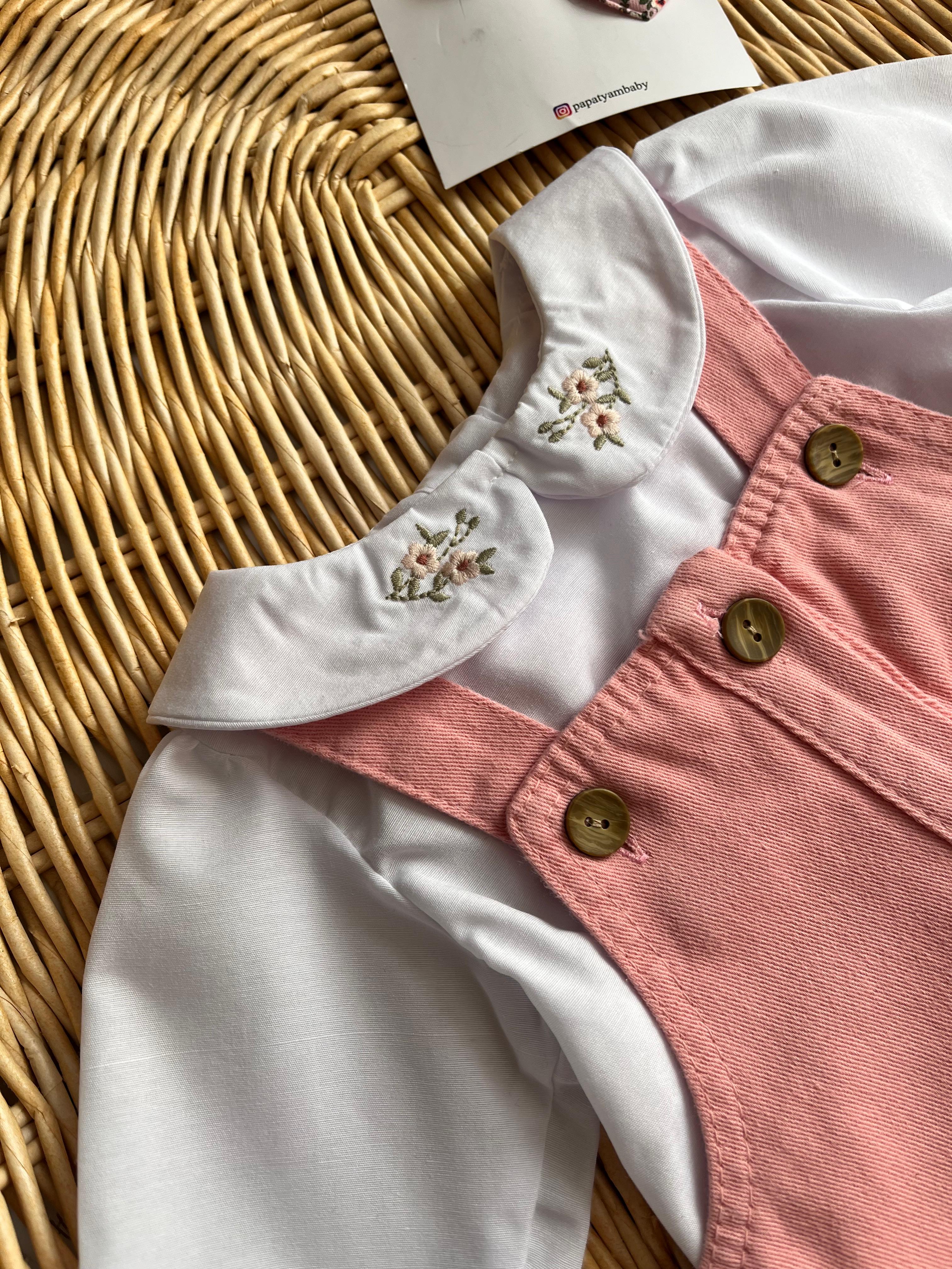 Çiçek Nakış Yaka Bluz ve Düğmeli Pembe Kot Jile Elbise 2'li 