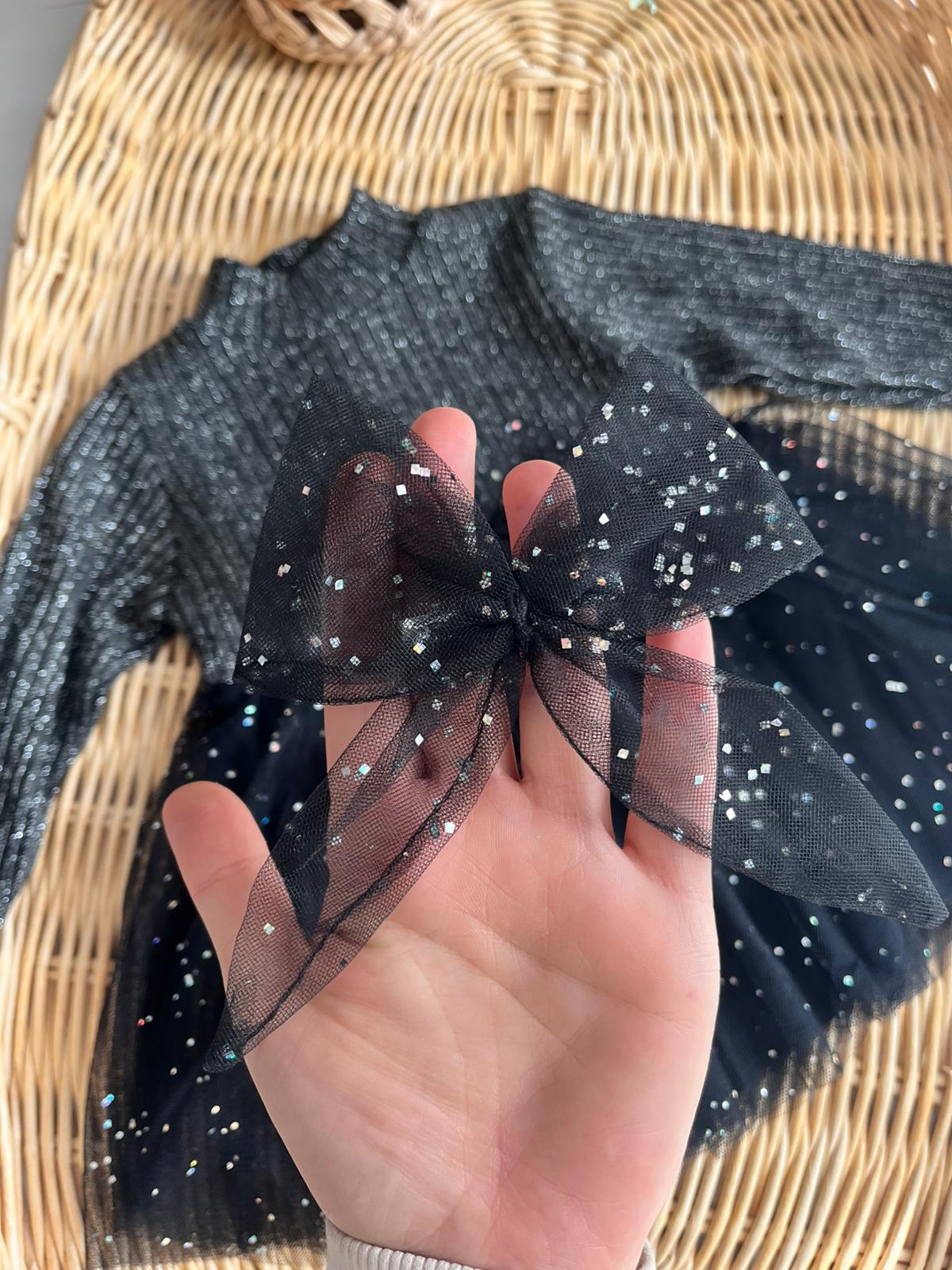 Simli Tül Etekli Klips Tül Tokalı Elbise Siyah