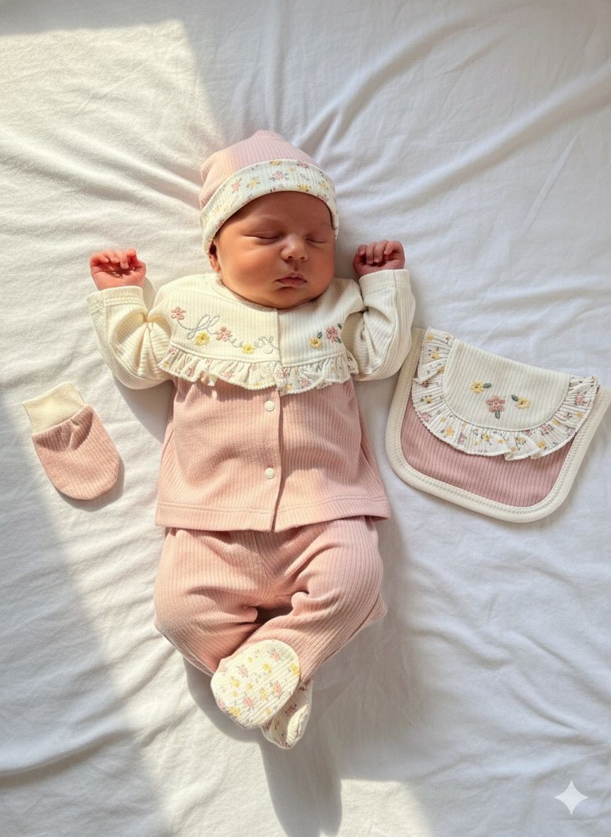 Flower Çiçek Nakış 5'li Yenidoğan Set