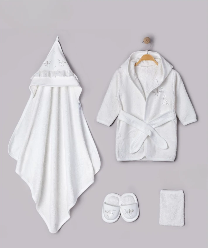 %100 Pamuk Kuş Nakışlı Fistolu  OEKO-TEX sertifikalı Organik Bornoz Seti 4 Parça