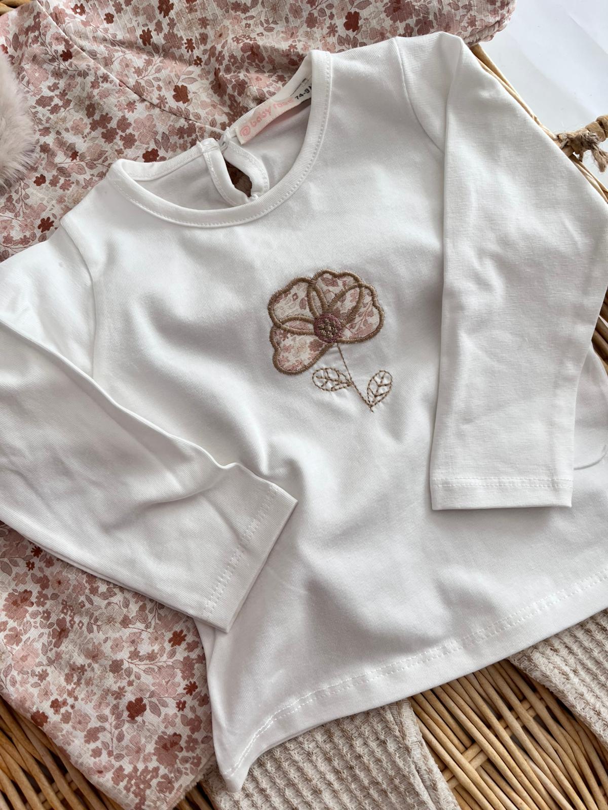 Premium Çıtır Çiçekli Peluş Yaka İçi Welsoft Montlu Tshirt Tayt 3'lü Takım Bej