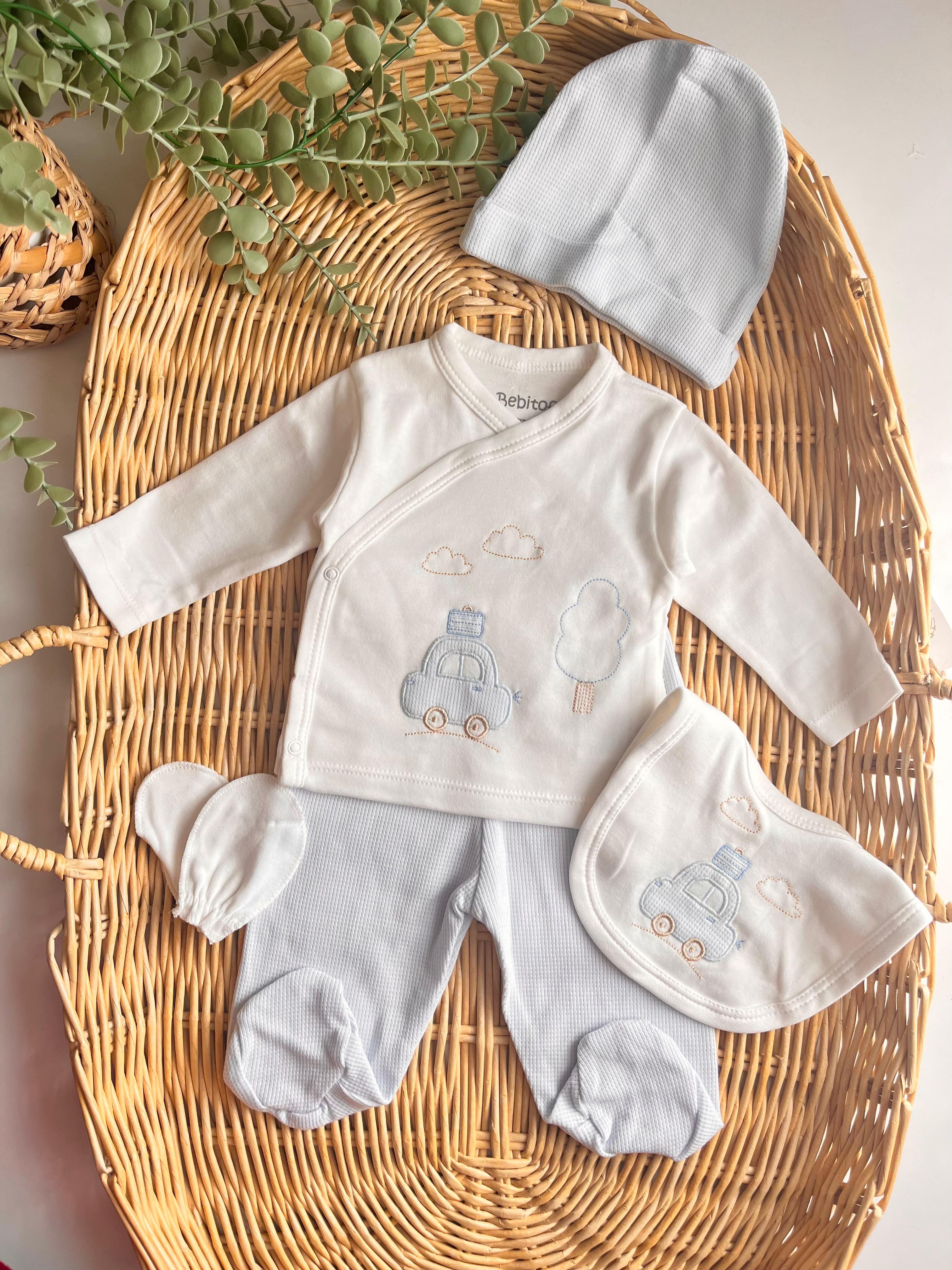 %100 Pamuk Erkek Bebek Araba Nakışlı 5'li Yenidoğan Set Buz Mavi