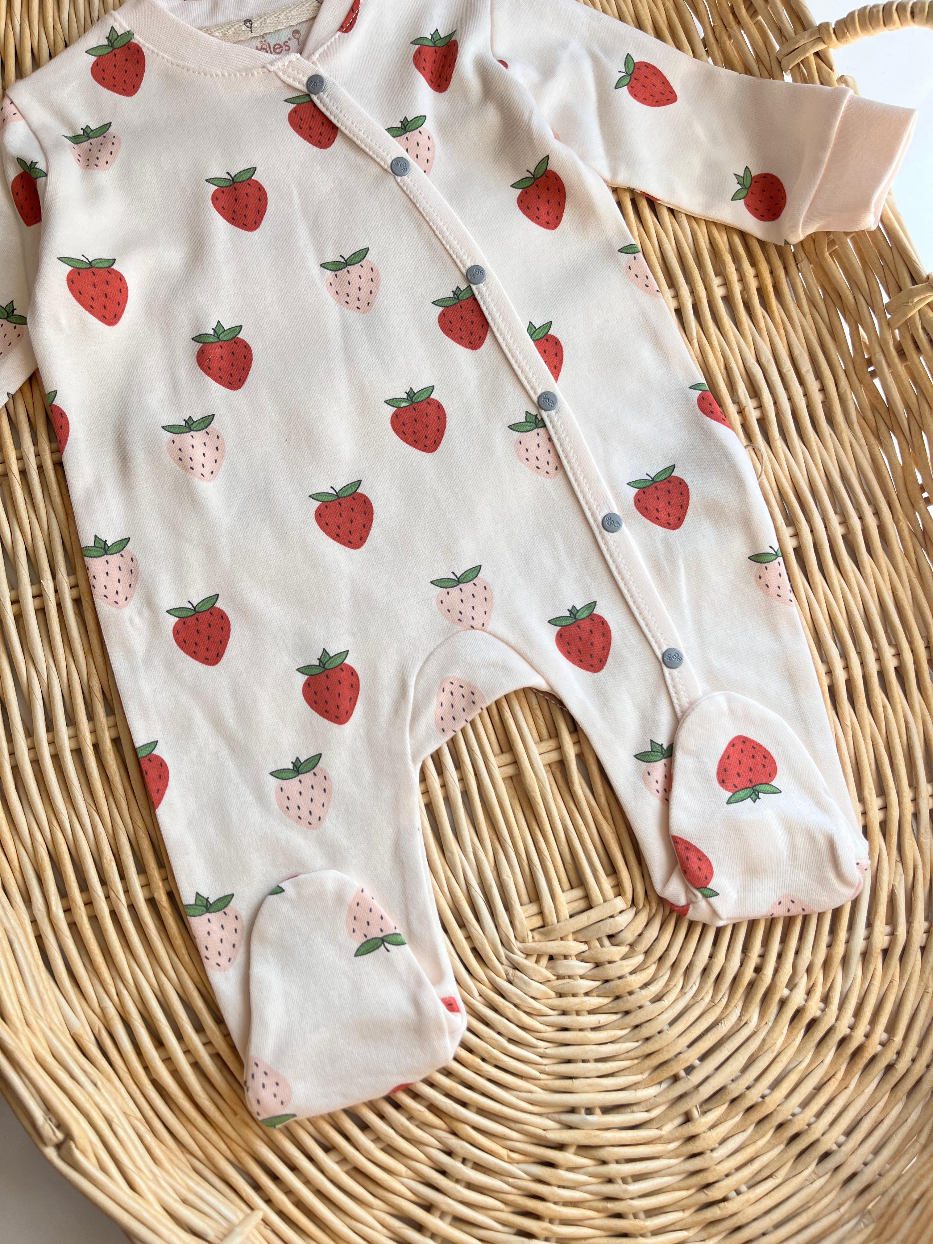 %100 Pamuk Bandanalı Çilek Desen Tulum