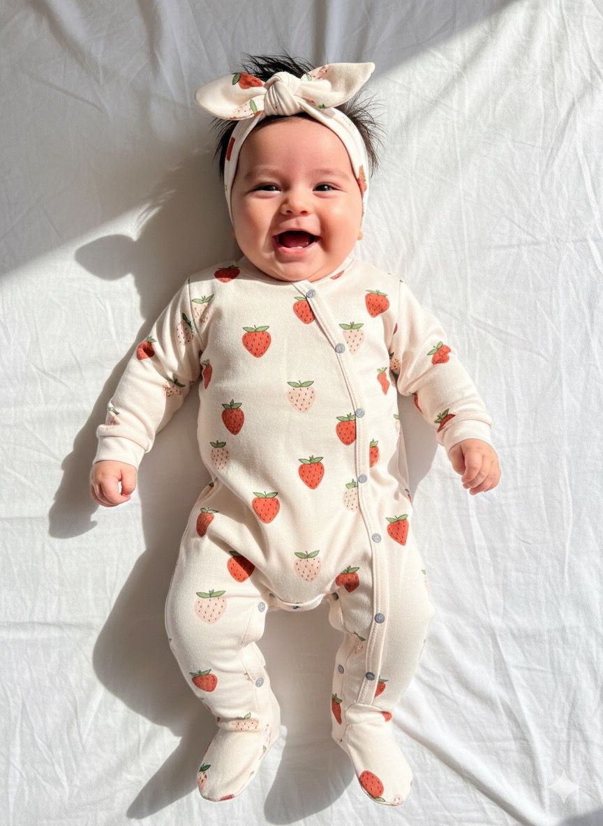 %100 Pamuk Bandanalı Çilek Desen Tulum