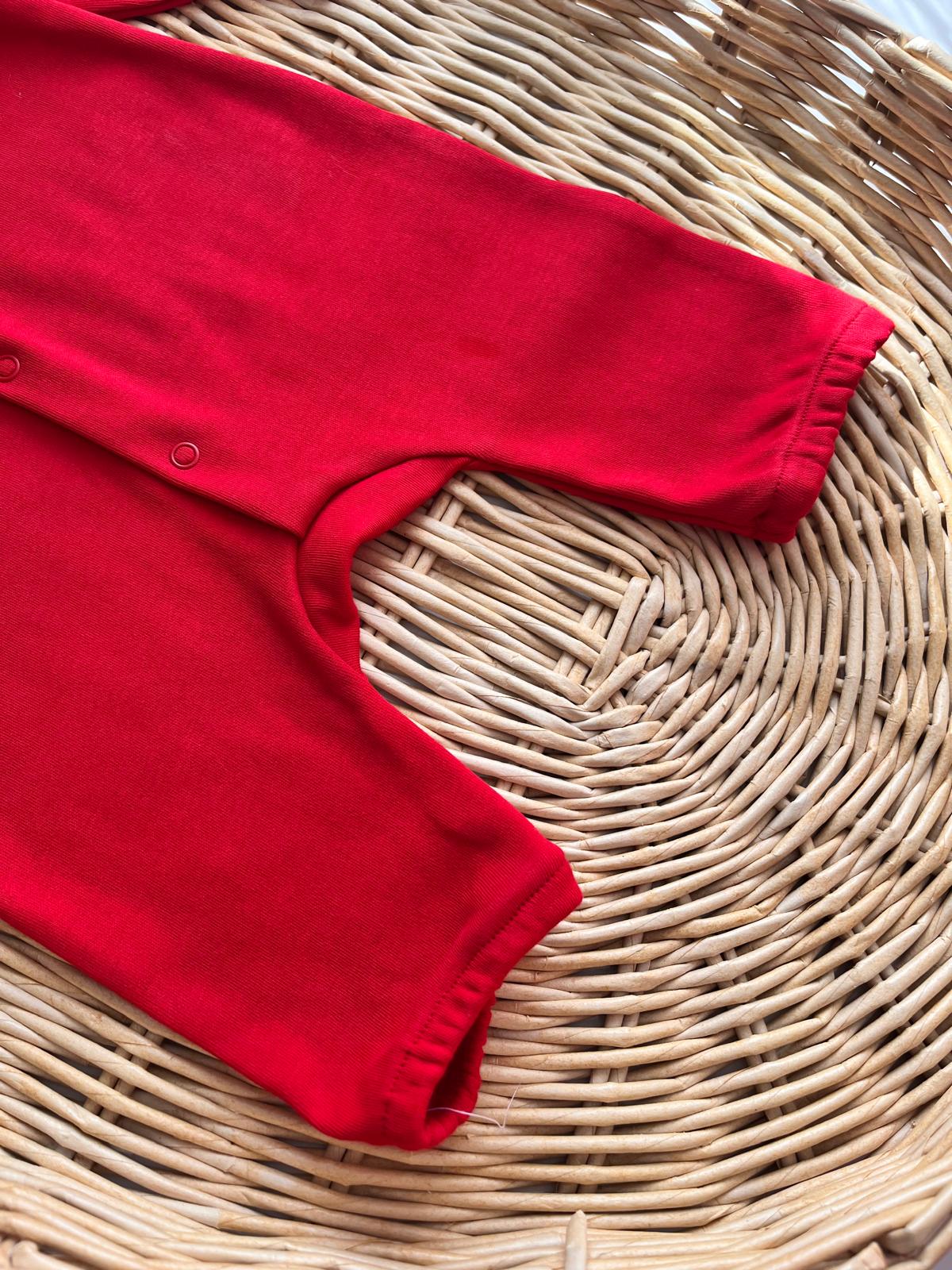 %100 Pamuk Kalp Nakış yakalı Bandanalı Tulum Kırmızı