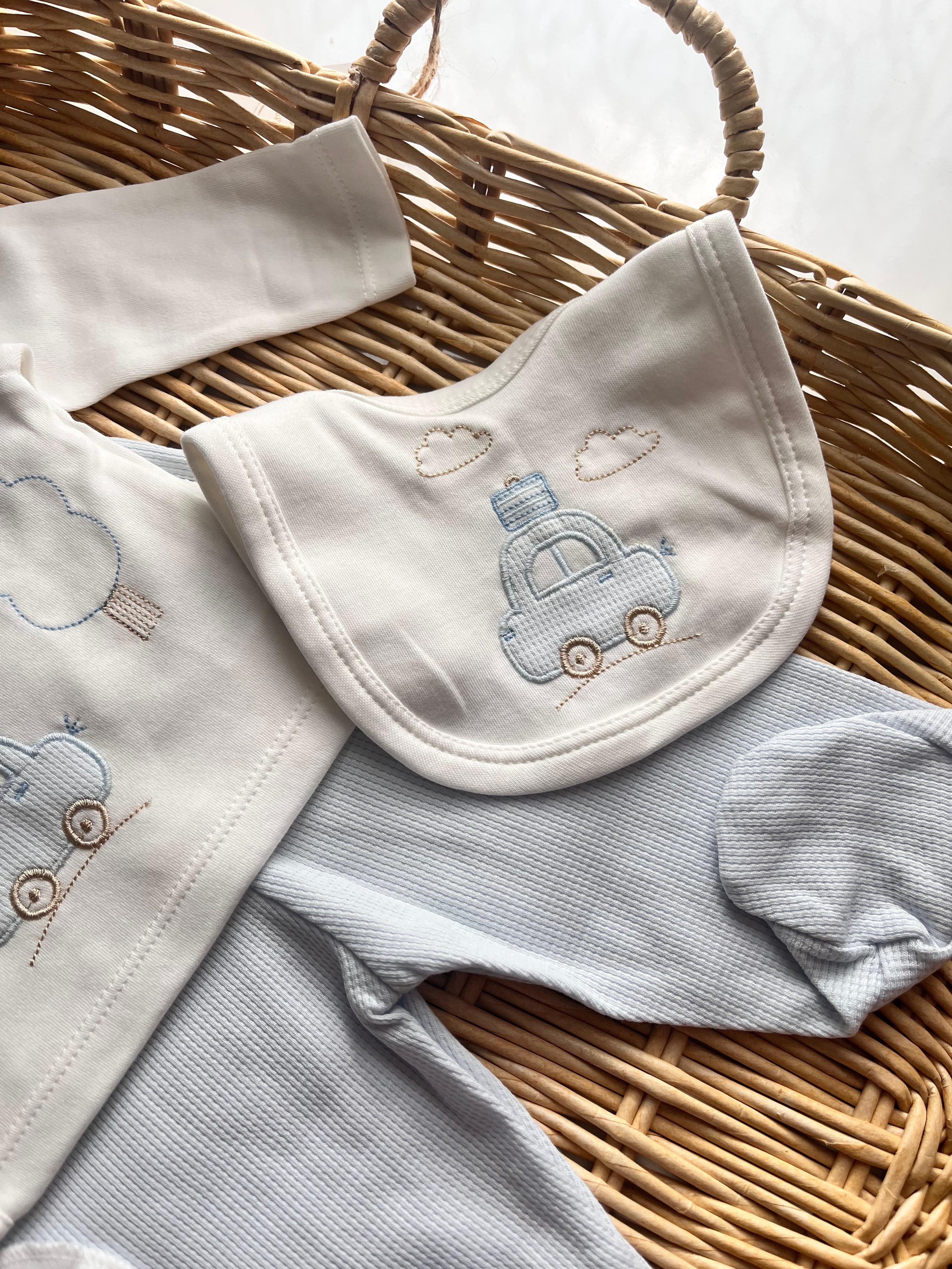 %100 Pamuk Erkek Bebek Araba Nakışlı 5'li Yenidoğan Set Buz Mavi