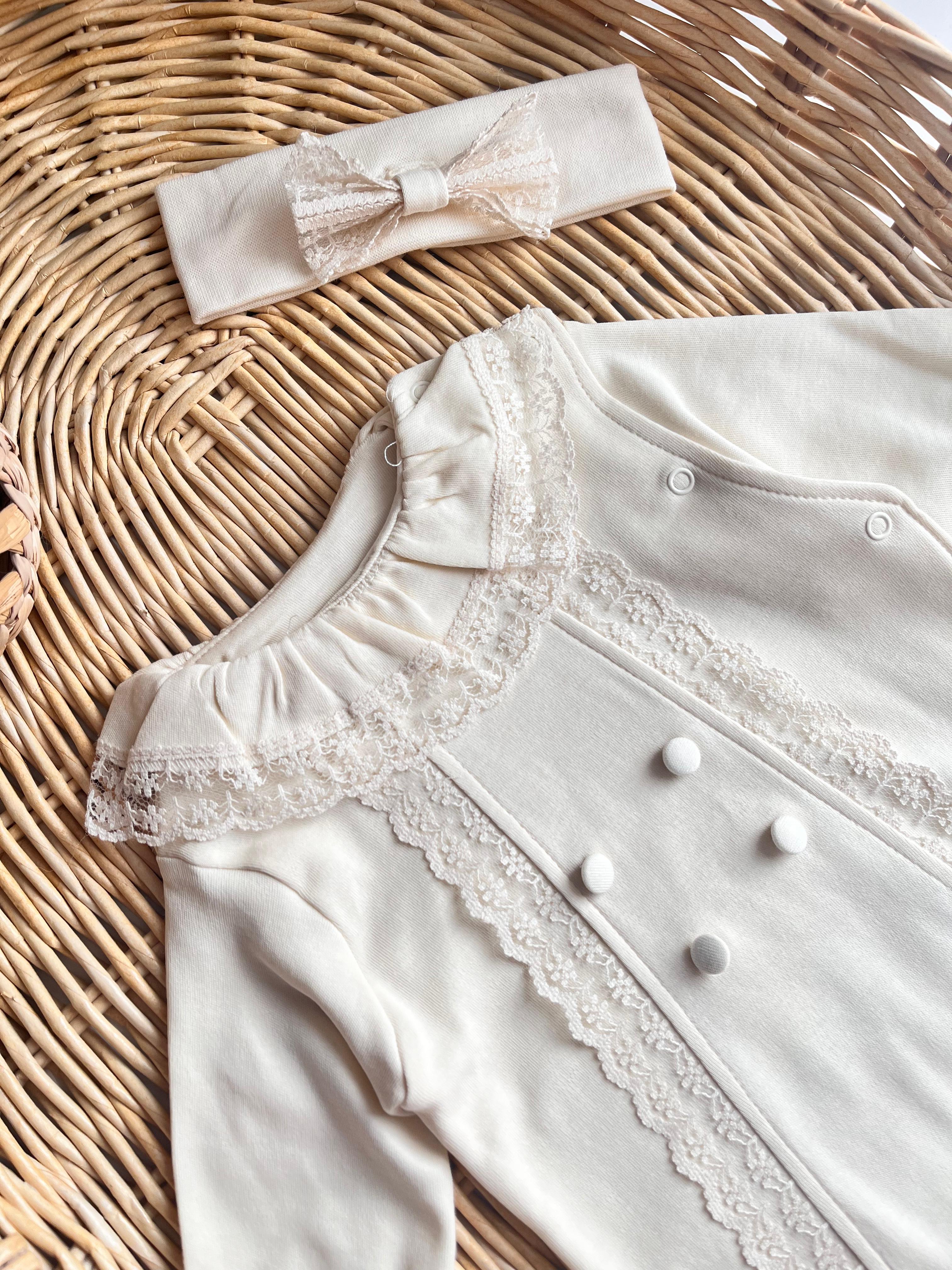 Misy Dantel Detay Güpürlü Patikli Bandanalı Tulum Krem