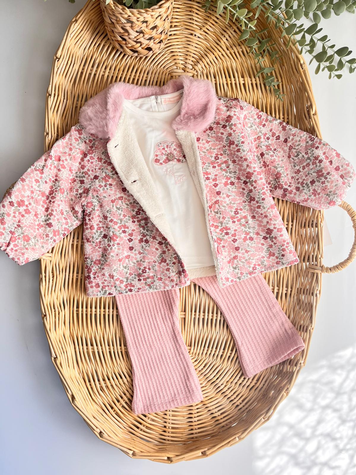 Valeria Premium Çıtır Çiçekli Peluş Yaka İçi Welsoft Montlu Tshirt Alt 3'lü Takım Pembe