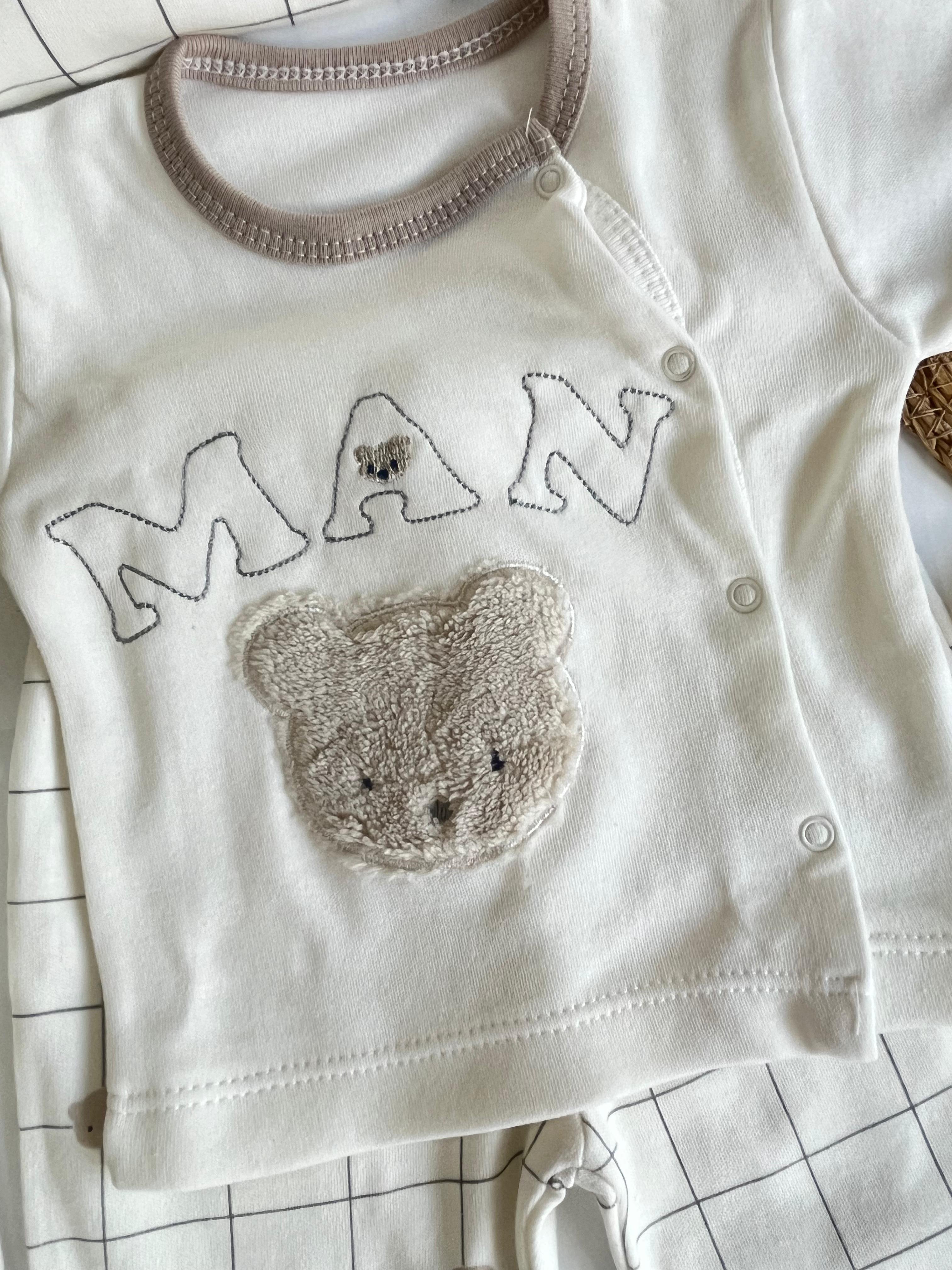 Erkek Bebek %100 Pamuk Ayıcık Nakış Man Yazılı Yenidoğan Set
