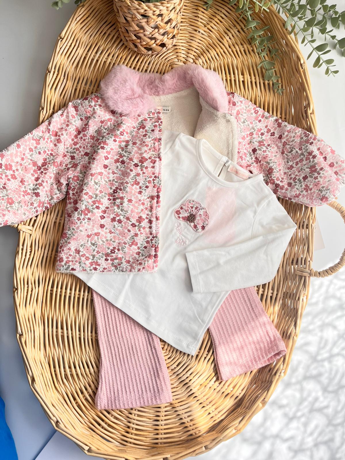 Valeria Premium Çıtır Çiçekli Peluş Yaka İçi Welsoft Montlu Tshirt Alt 3'lü Takım Pembe