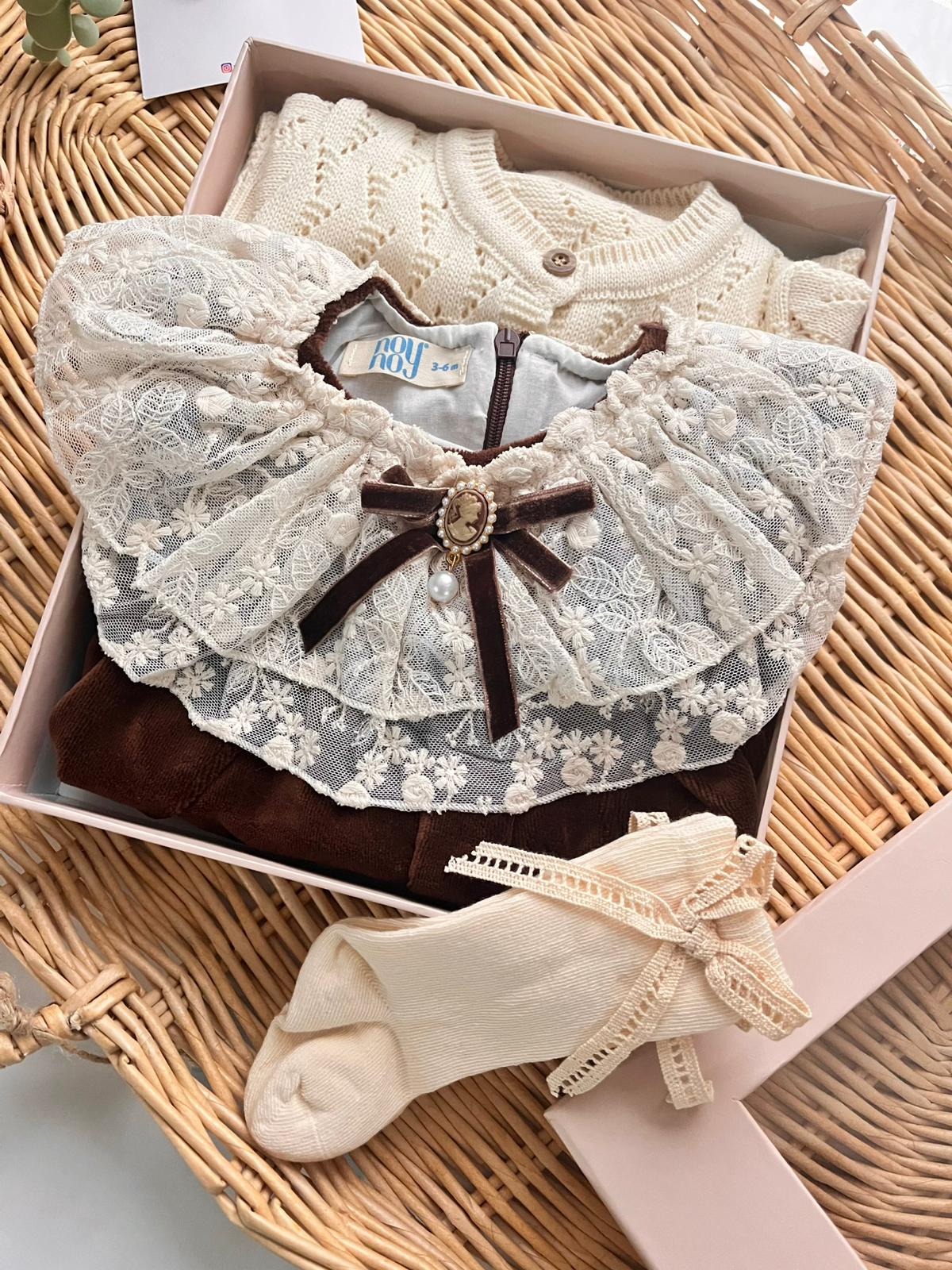 Kadife Premium Elbise Çorap Triko Hırka 3'lü Özel Kutulu Set Kahve