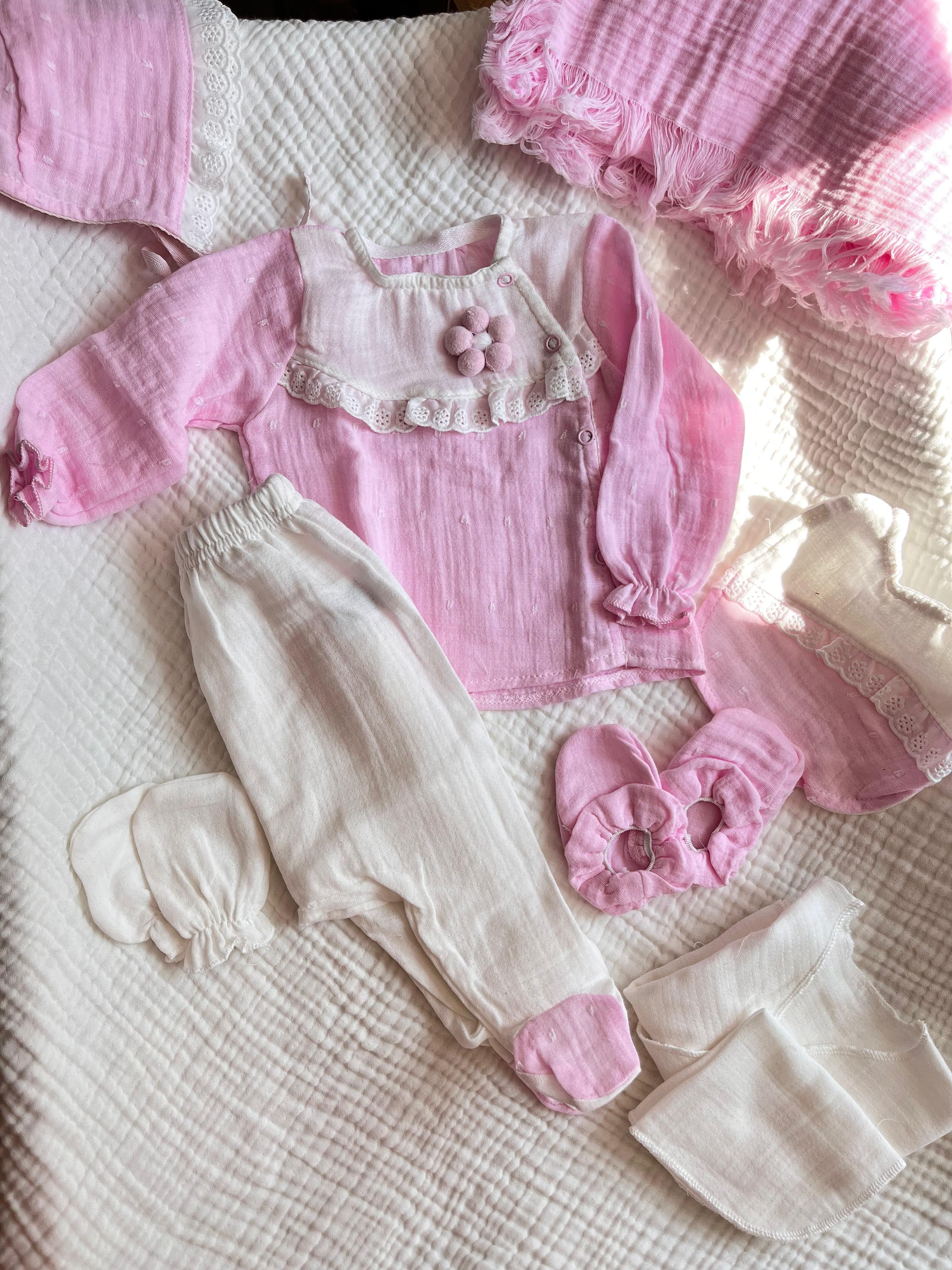 %100 Pamuk Müslin Çiçek Kabartma 10 Parça Set Pembe