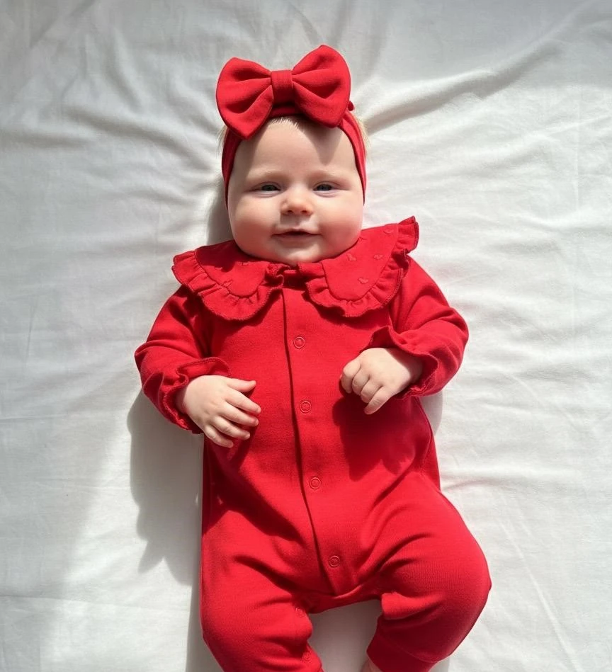 %100 Pamuk Kalp Nakış yakalı Bandanalı Tulum Kırmızı