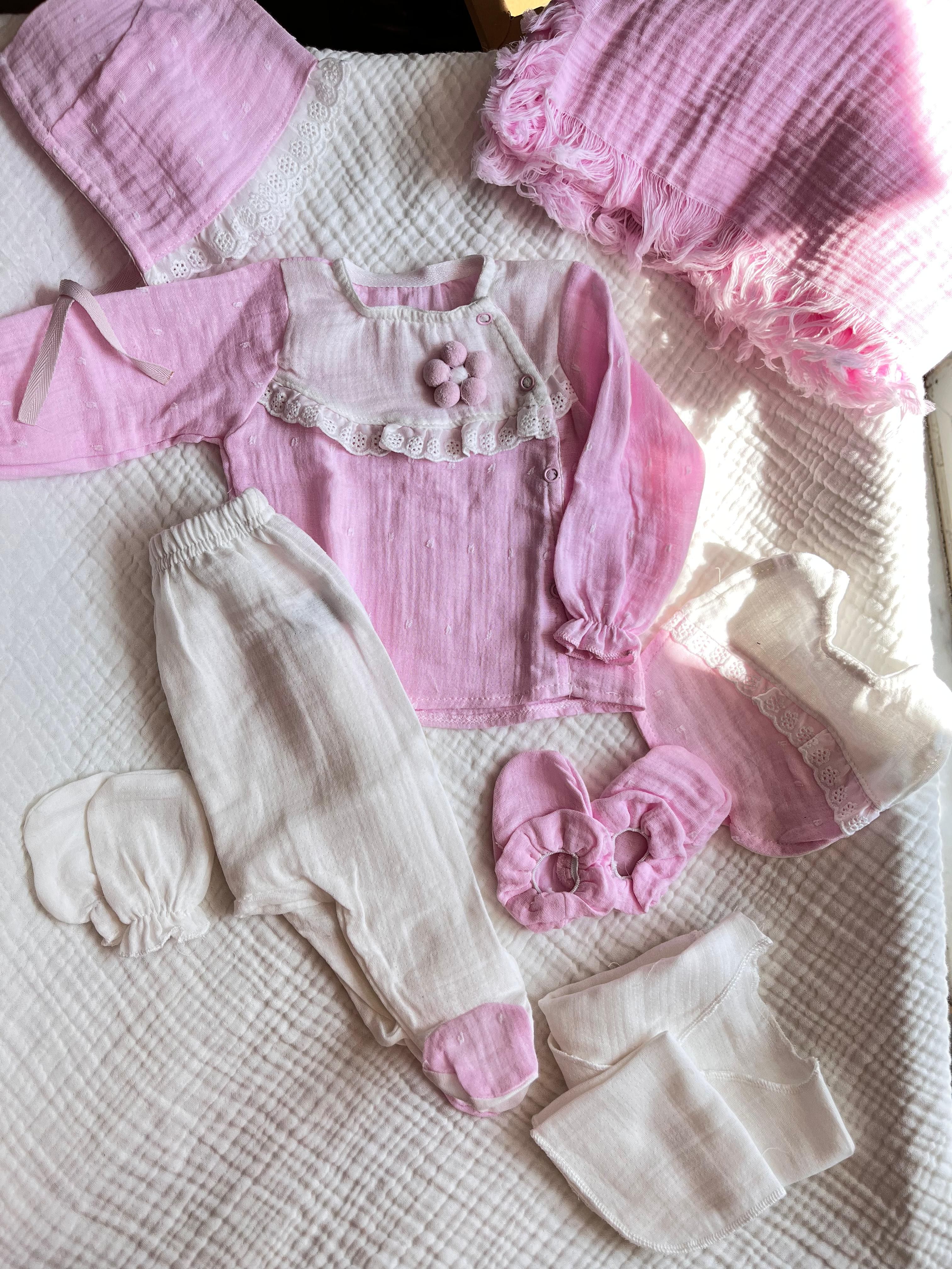 %100 Pamuk Müslin Çiçek Kabartma 10 Parça Set Pembe
