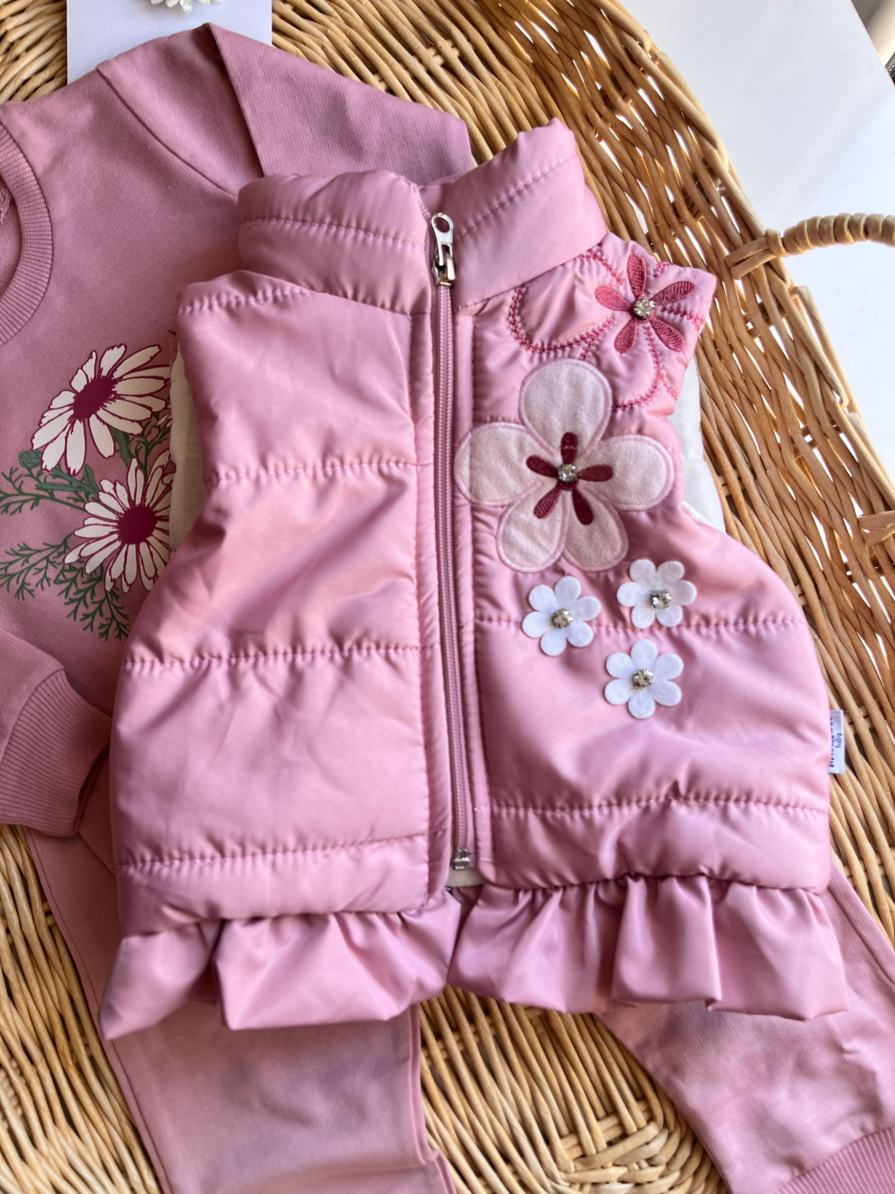 Çiçek Nakış Şişme Yelekli Fırfır Detay Tshirt Alt 3'lü Takım