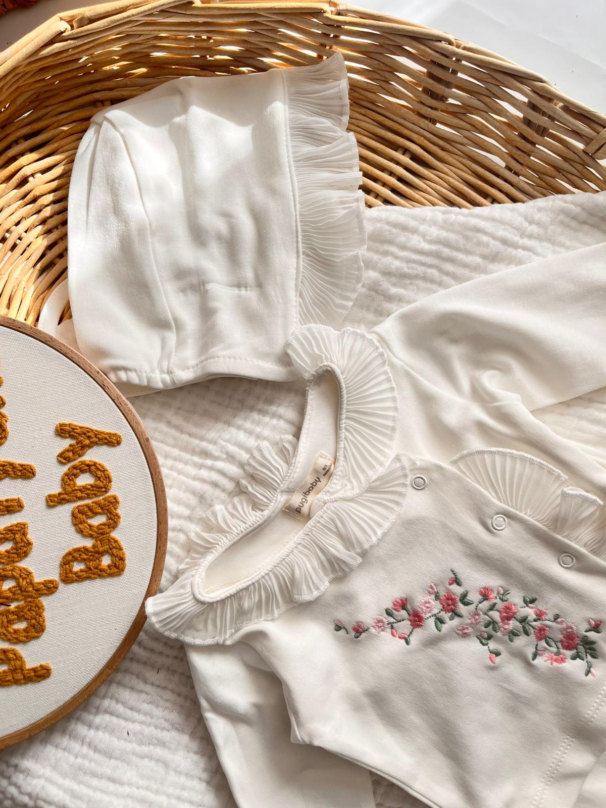 Perla %100 Pamuk premium Çiçek Nakış 5'li Yenidoğan set Ekru