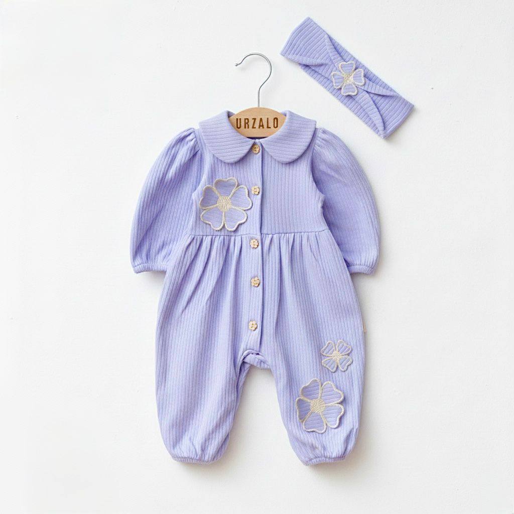 %100 Pamuk Daisell Çiçek Nakış Bandanalı Tulum Lila