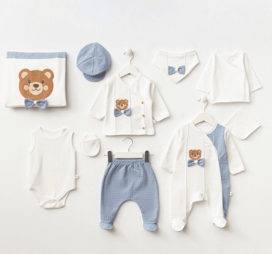 Erkek Bebek %100 Pamuk Ayıcık Nakış 10 Parça Yenidoğan Set