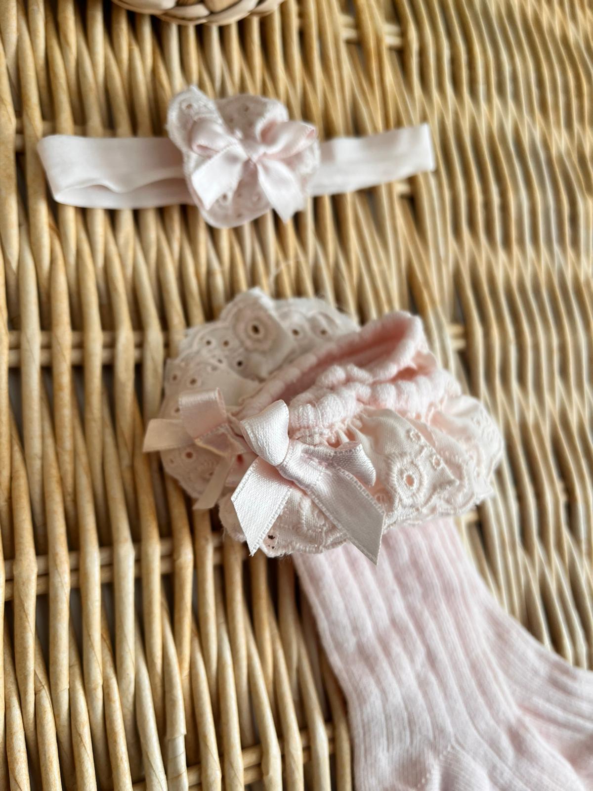 Fisto Kenarlı Fiyonk Detay Dil Altı Çorap ve Bandana 2'li Pembe