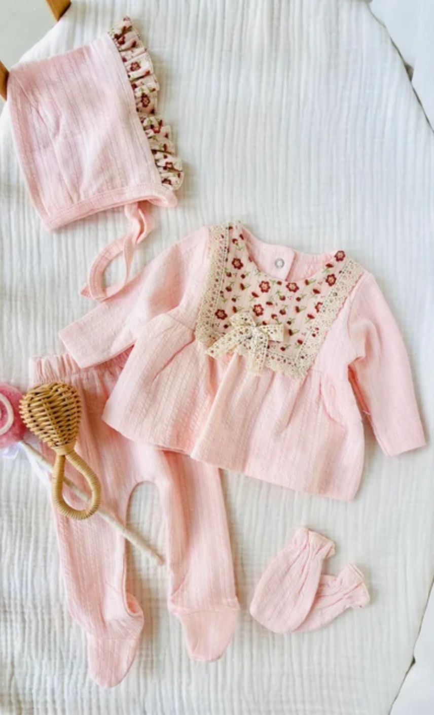 Çiçek Yaka Detay 4'lü Set Pembe