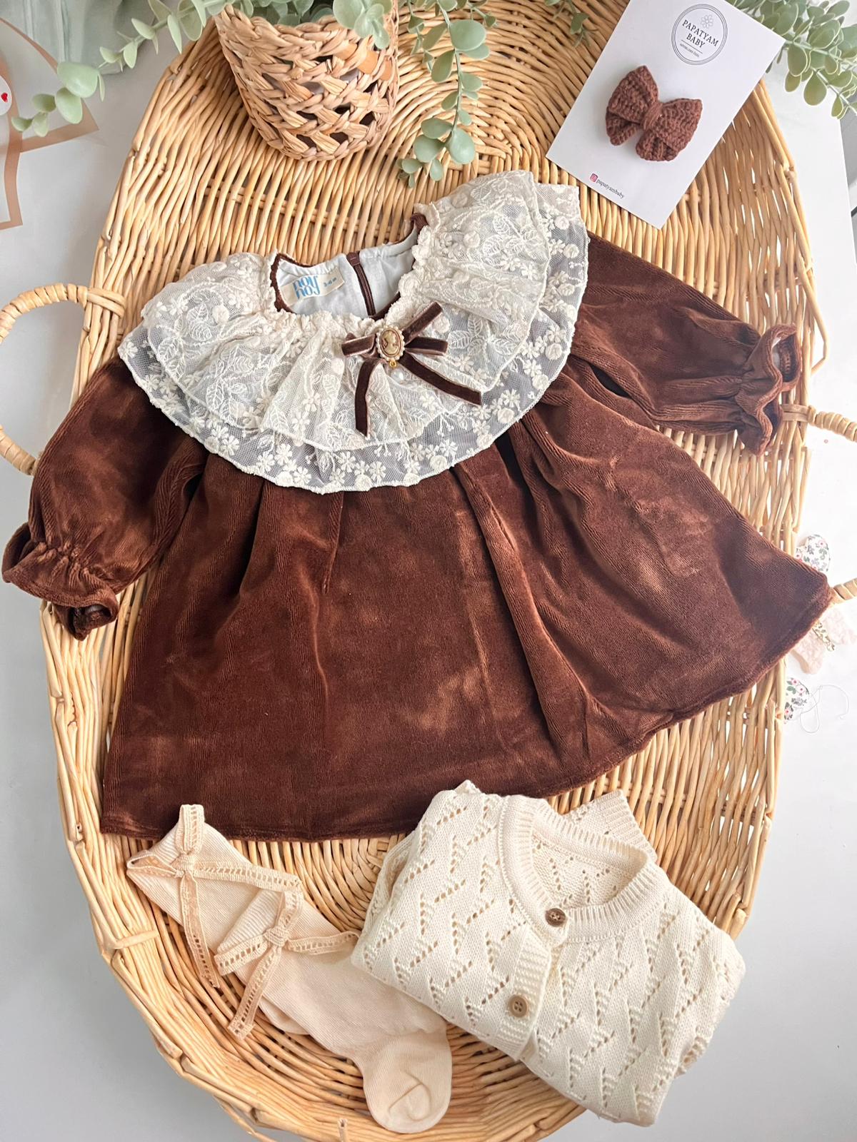 Kadife Premium Elbise Çorap Triko Hırka 3'lü Özel Kutulu Set Kahve