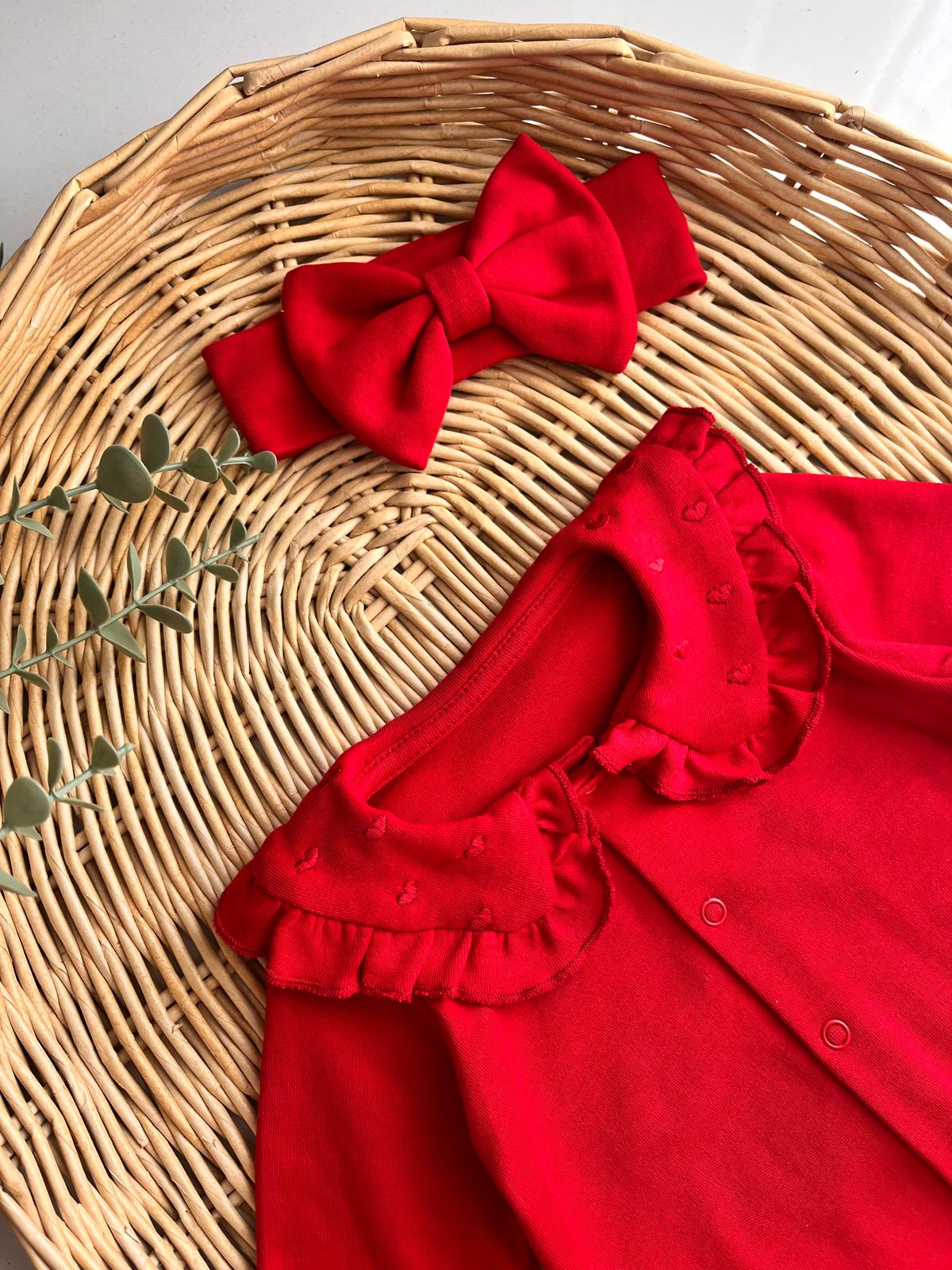 %100 Pamuk Kalp Nakış yakalı Bandanalı Tulum Kırmızı