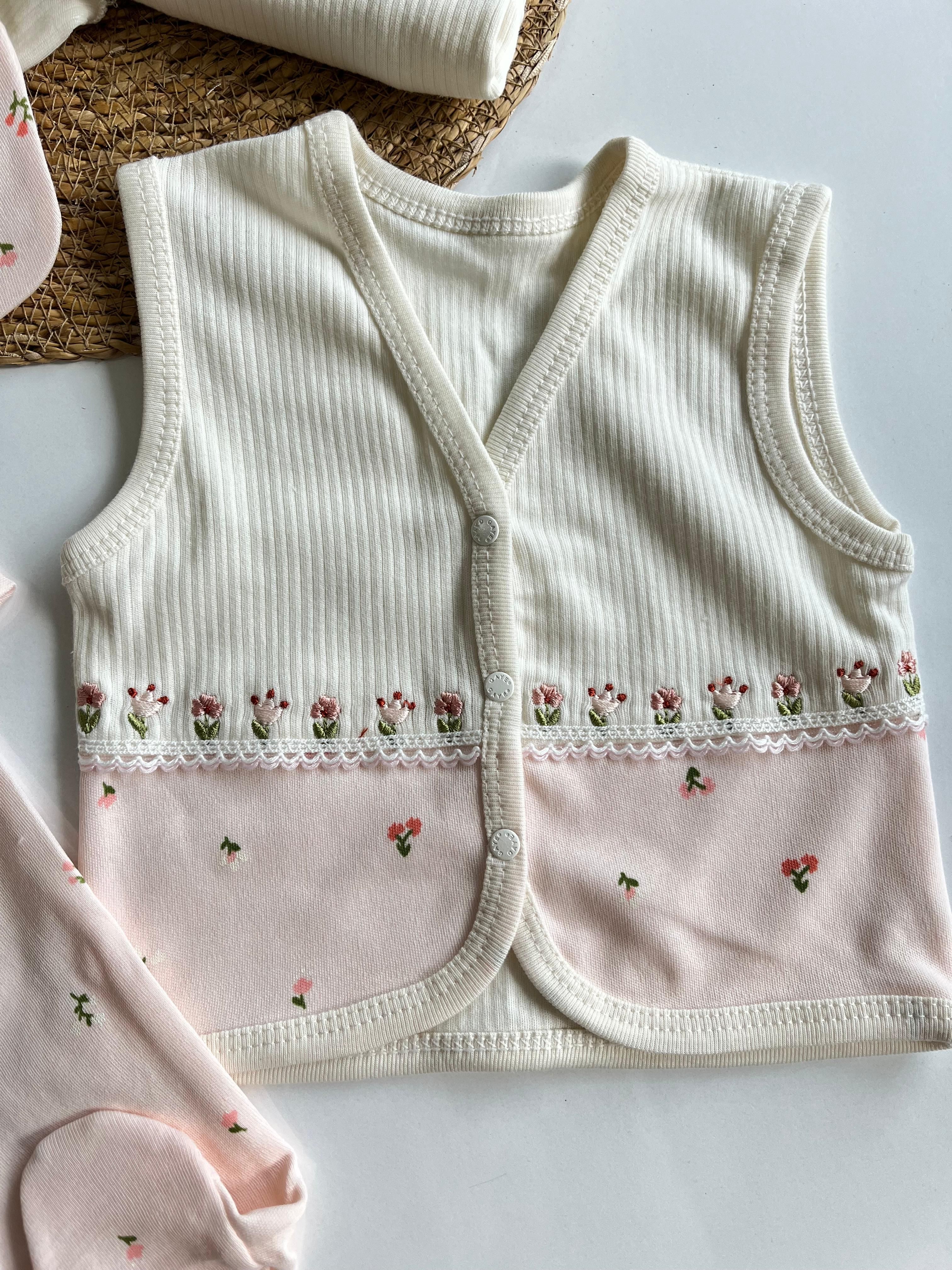 %100 Pamuk Lady Çiçek Nakış 10 Parça Yenidoğan Set