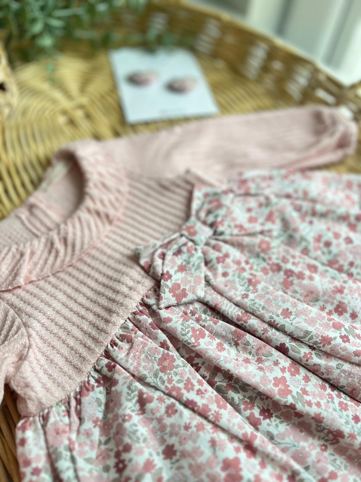 Rose Çıtır Çiçekli Fiyonk Detay Elbise Pembe