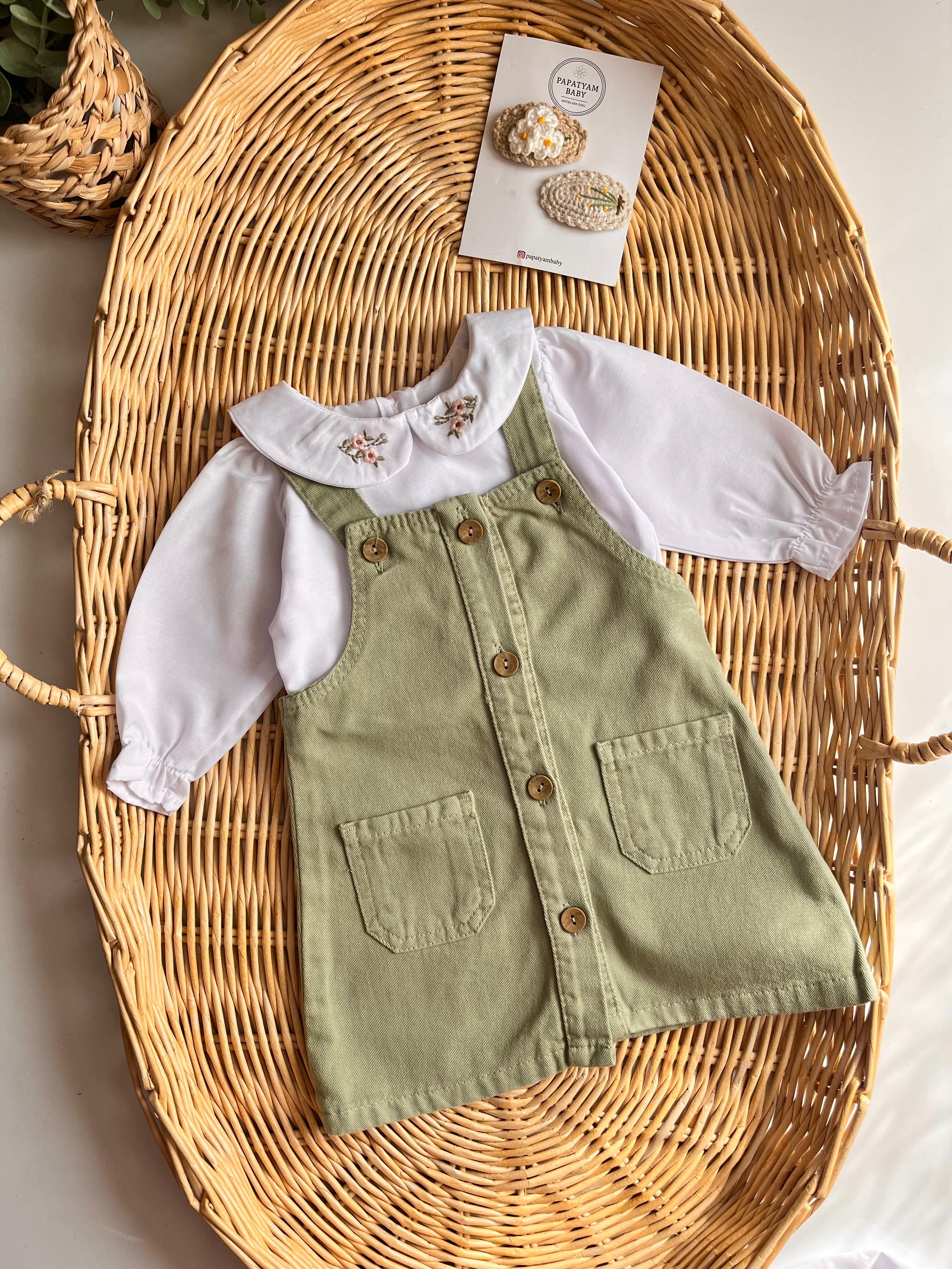 Çiçek Nakış Yaka Bluz Düğmeli Yeşil Kot Jile Elbise 2'li 