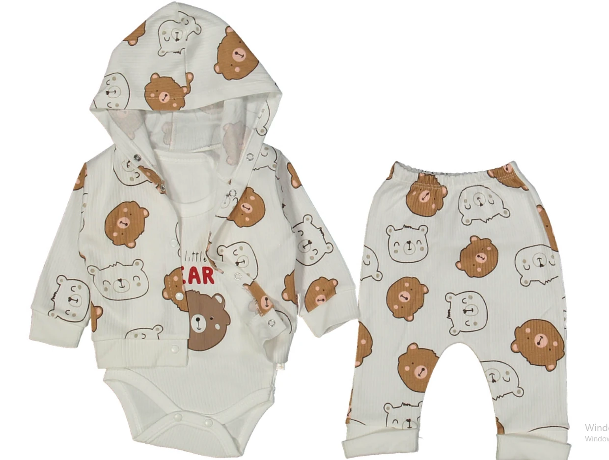 %100 Pamuk Ayıcık Desen Kapüşonlu Body Alt 3'lü Takım Kahve