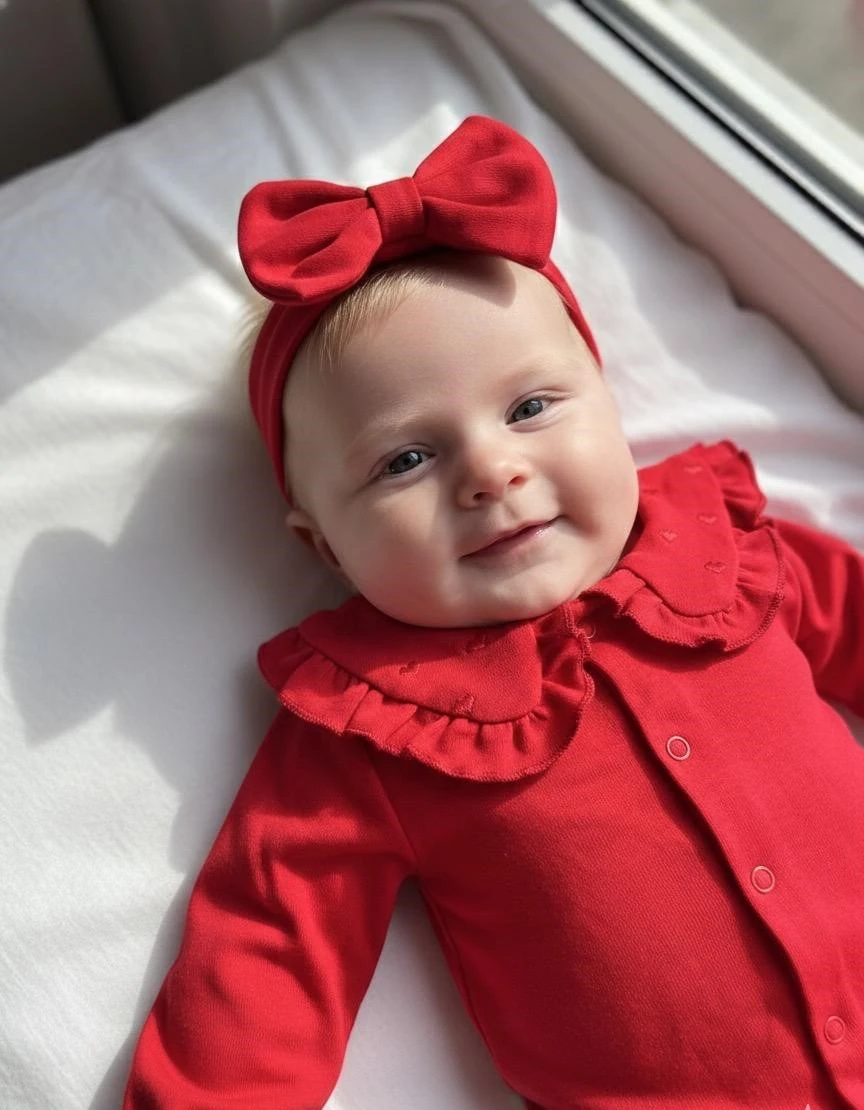 %100 Pamuk Kalp Nakış yakalı Bandanalı Tulum Kırmızı