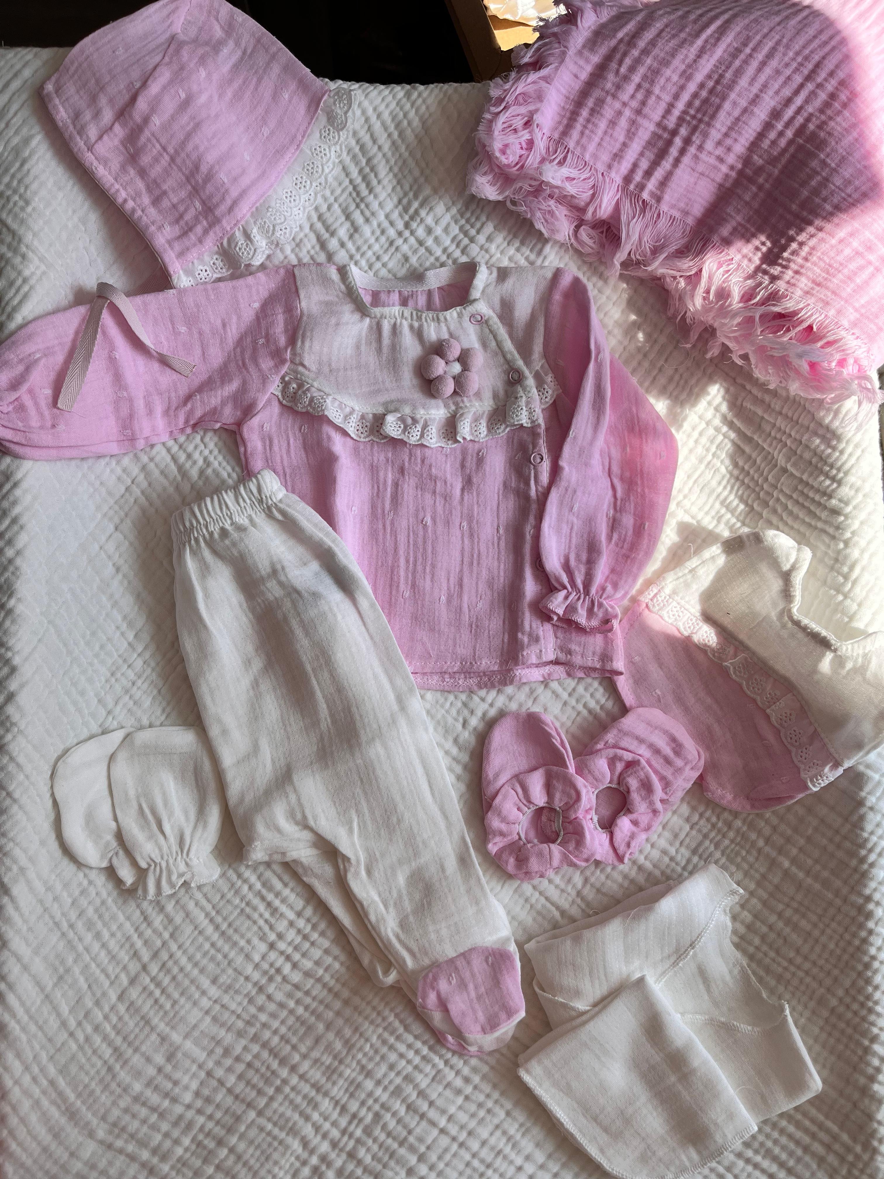 %100 Pamuk Müslin Çiçek Kabartma 10 Parça Set Pembe
