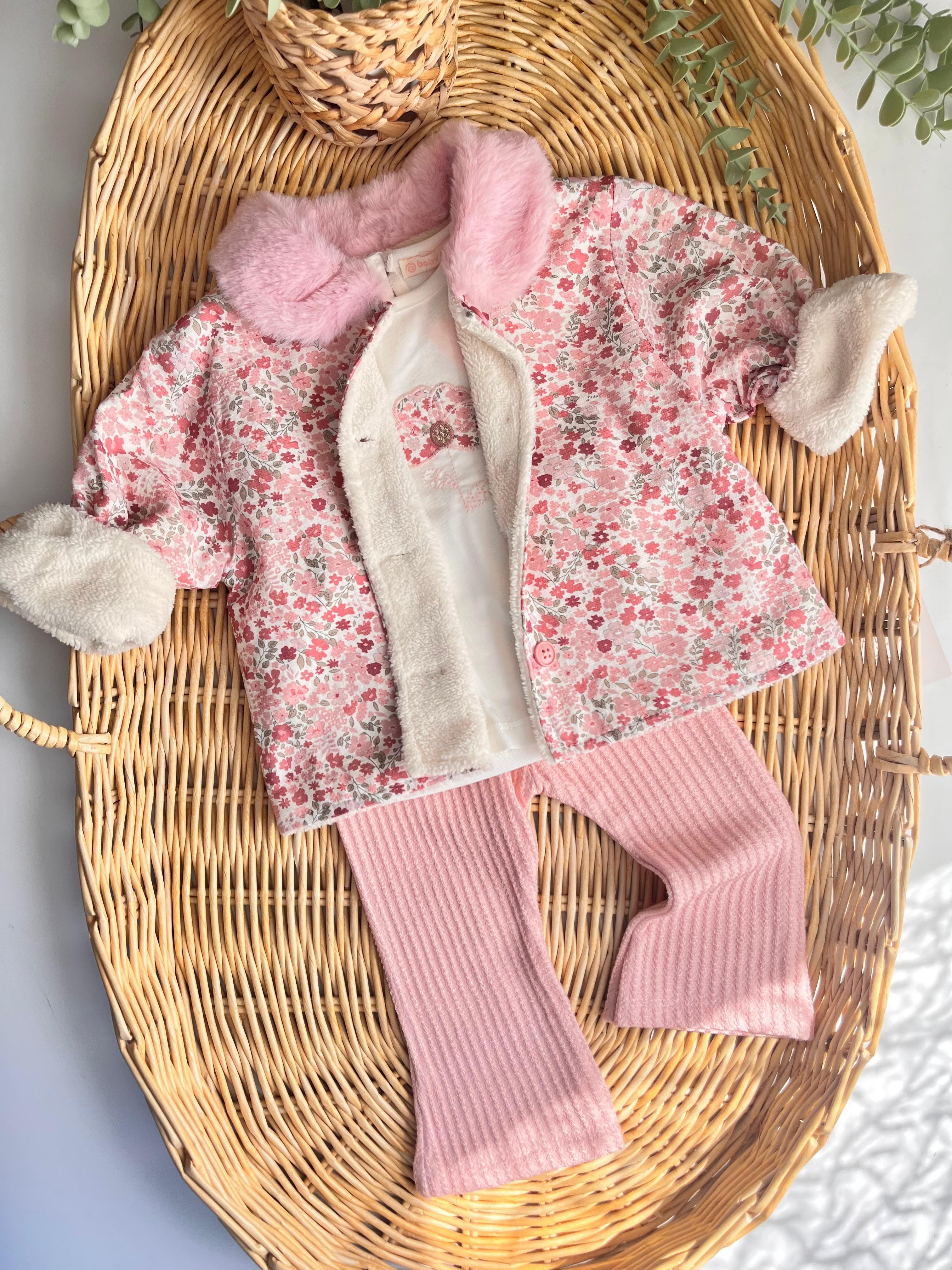 Valeria Premium Çıtır Çiçekli Peluş Yaka İçi Welsoft Montlu Tshirt Alt 3'lü Takım Pembe