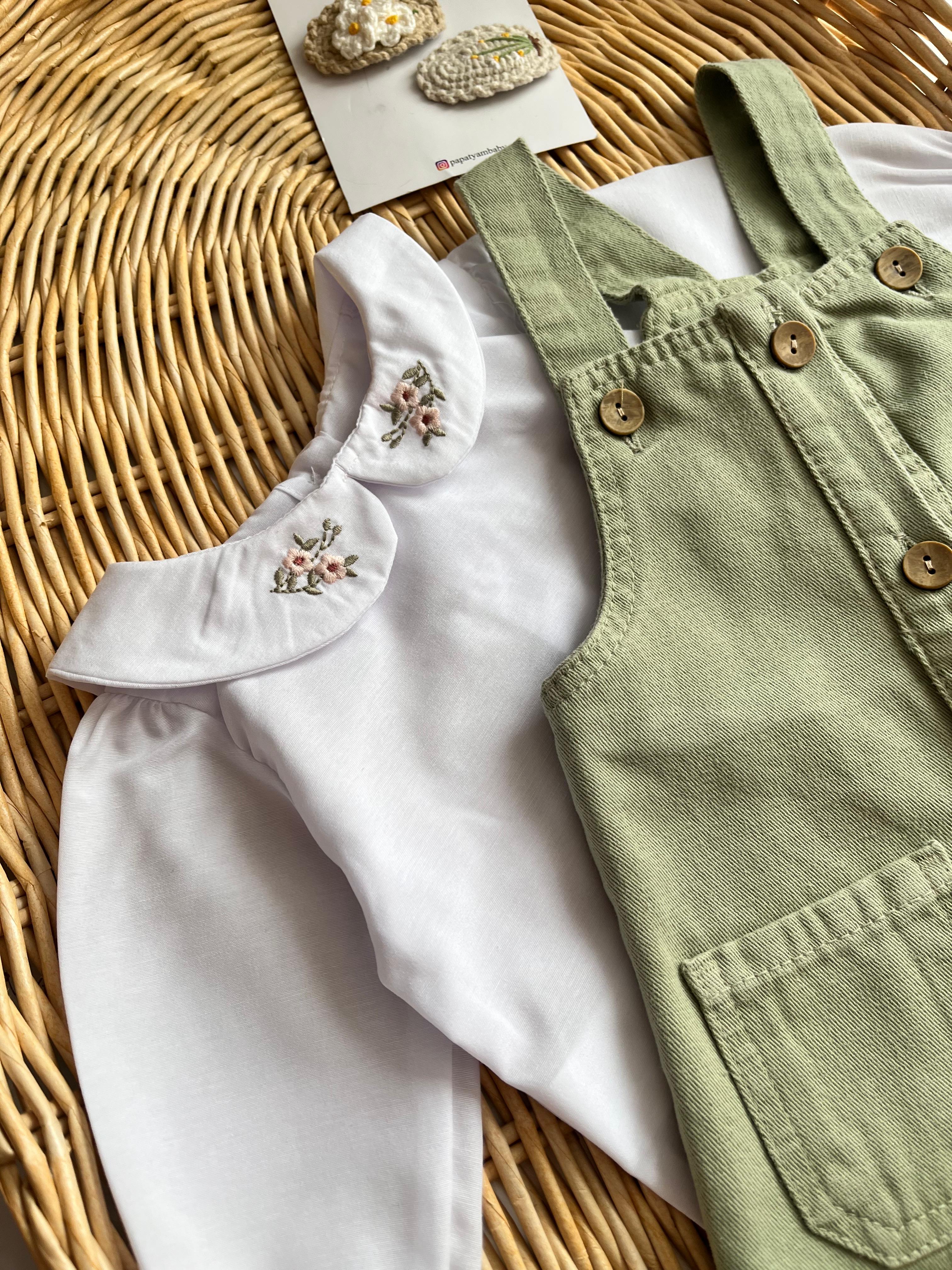 Çiçek Nakış Yaka Bluz Düğmeli Yeşil Kot Jile Elbise 2'li 