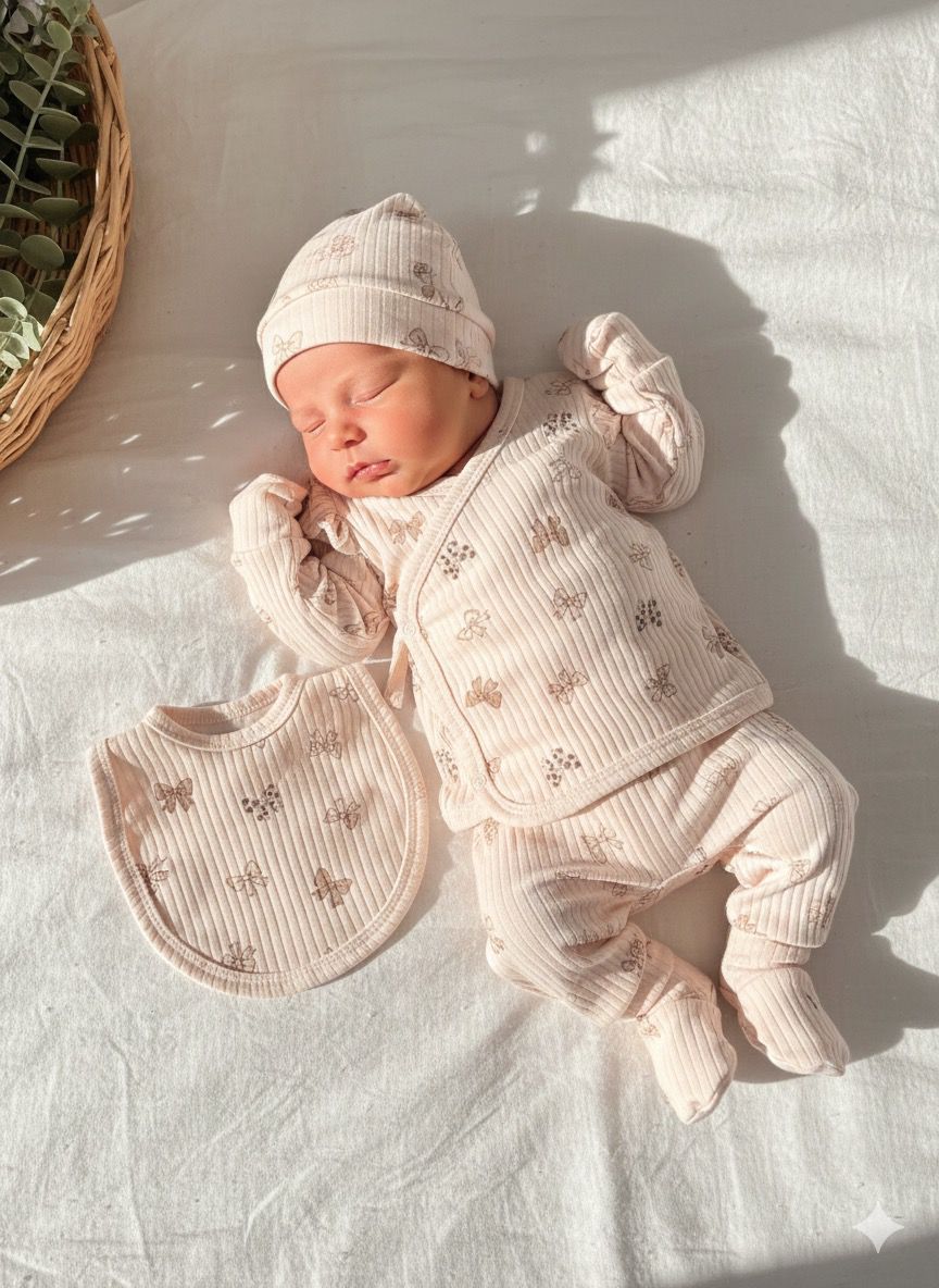 %100 Pamuk Kurdele Desen Omuz Detaylı 5'li Yenidoğan Set Kahve