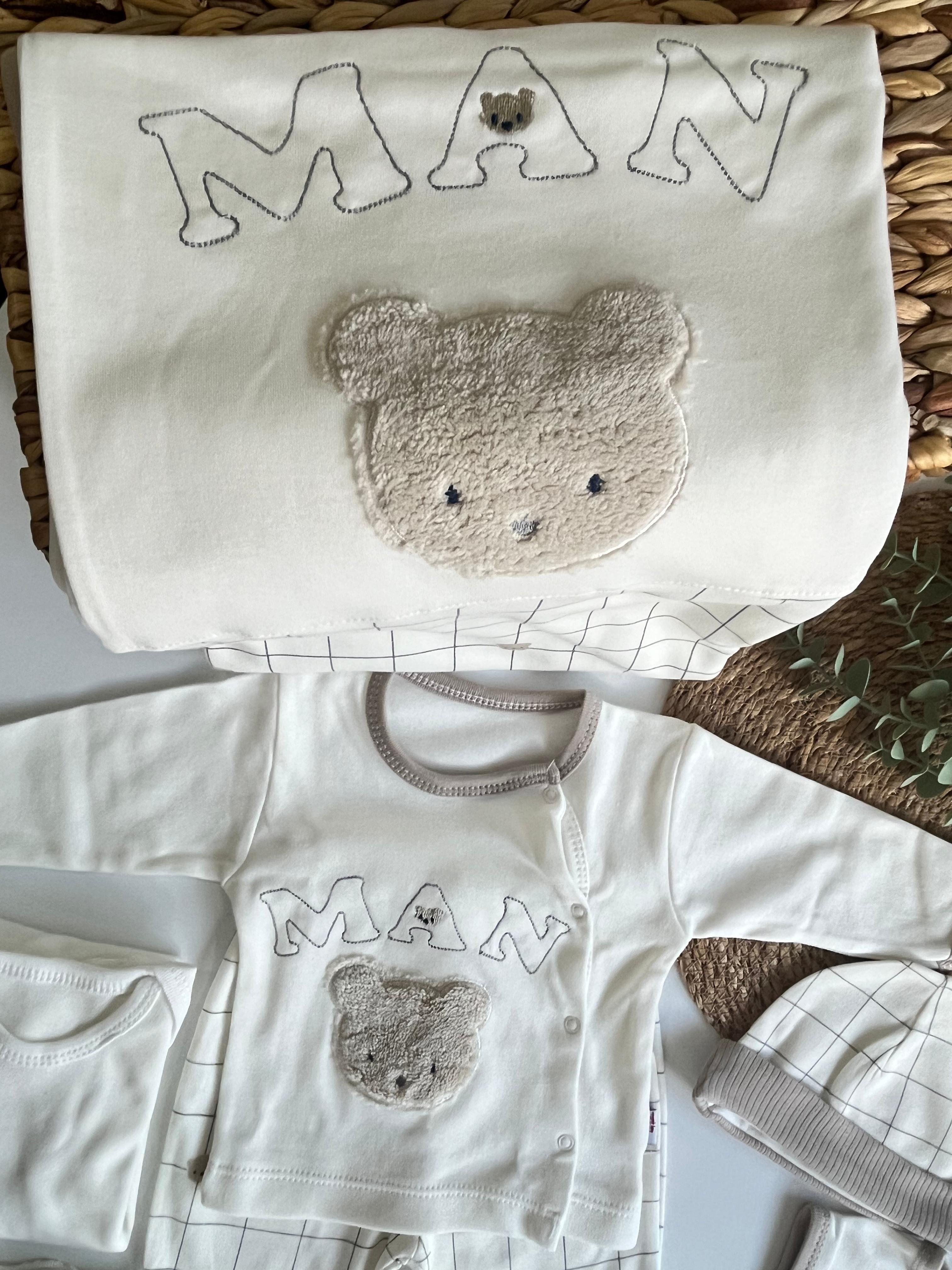 Erkek Bebek %100 Pamuk Ayıcık Nakış Man Yazılı Yenidoğan Set