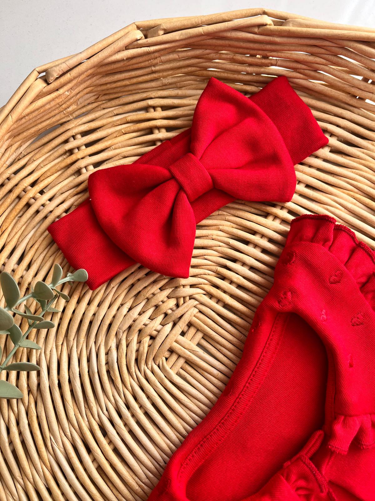 %100 Pamuk Kalp Nakış yakalı Bandanalı Tulum Kırmızı