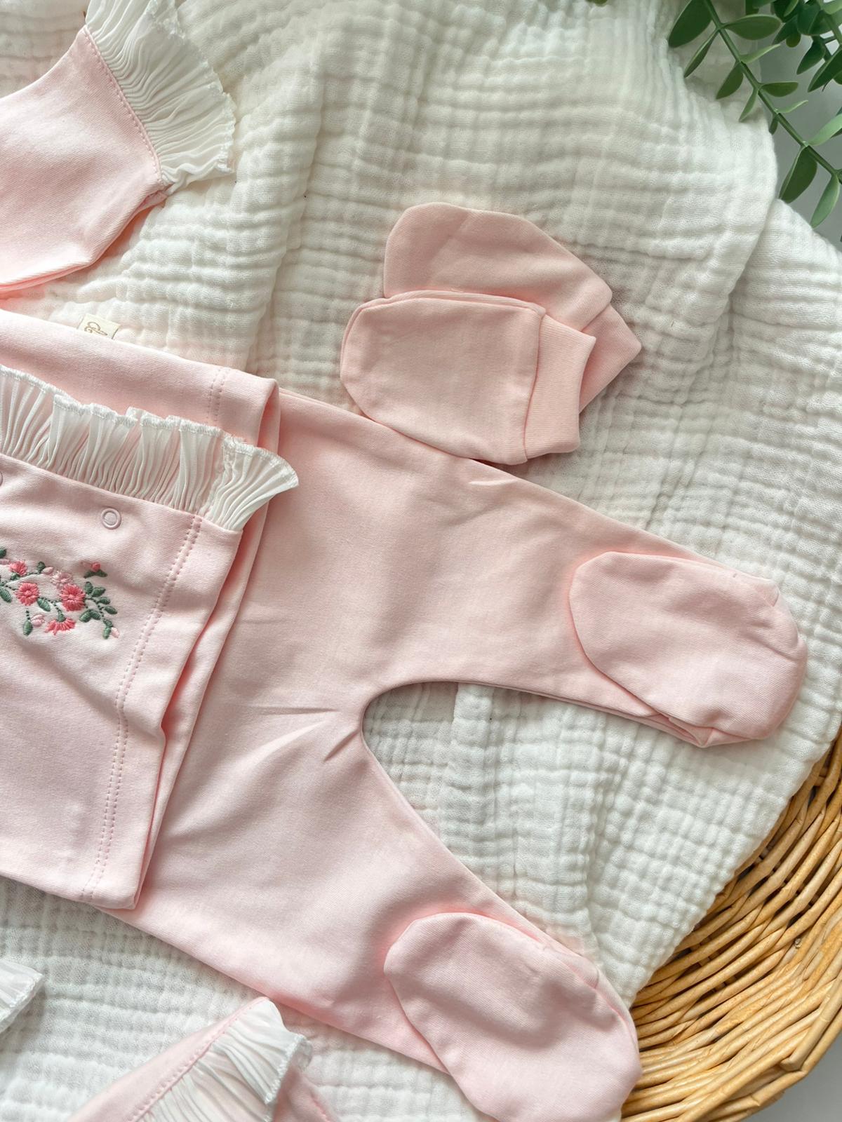 Perla %100 Pamuk premium Çiçek Nakış 5'li Yenidoğan set Pembe