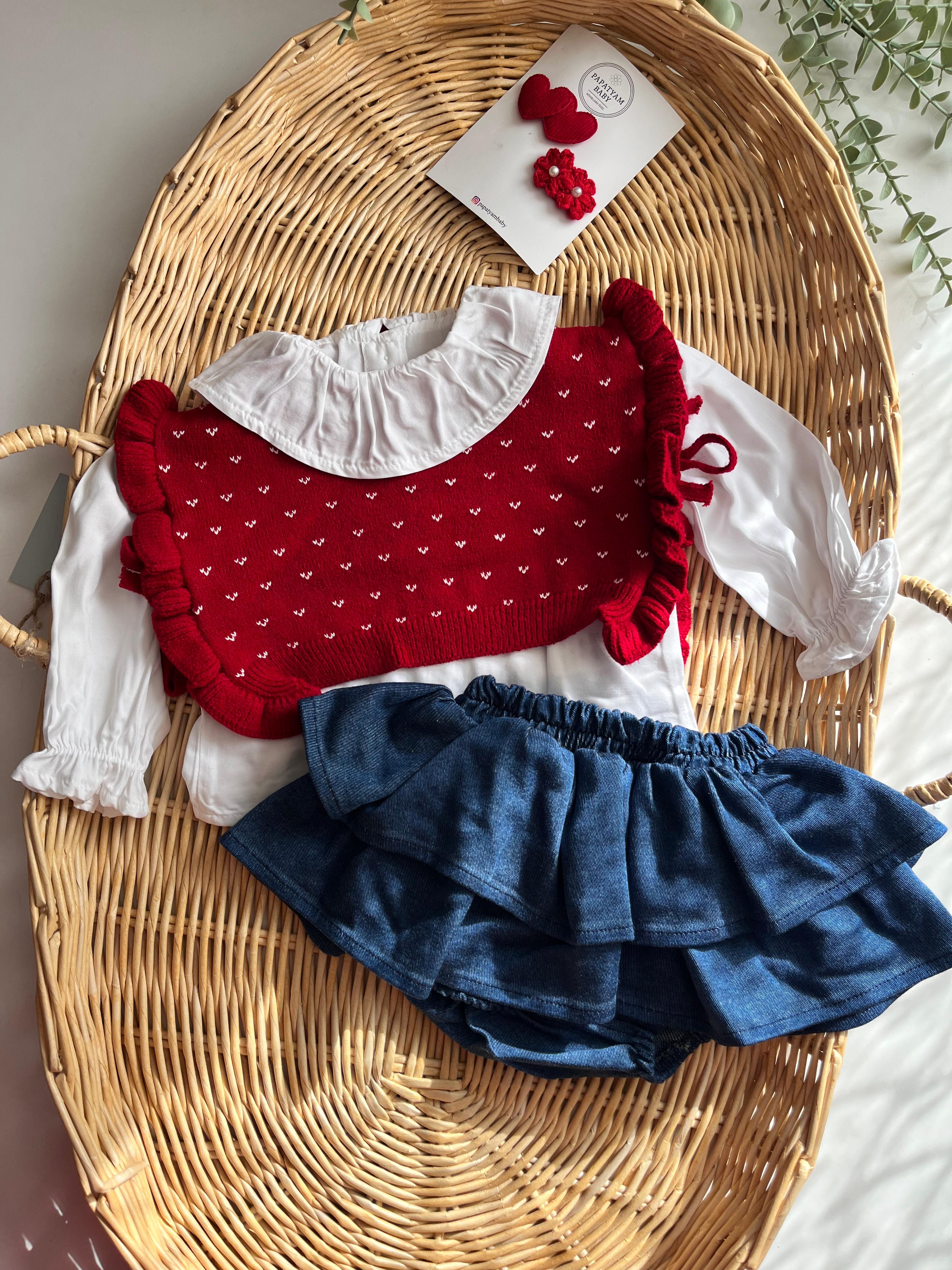 Cool Girl Premium Örme Süveter Gömlek Kot Etek 3'lü Takım