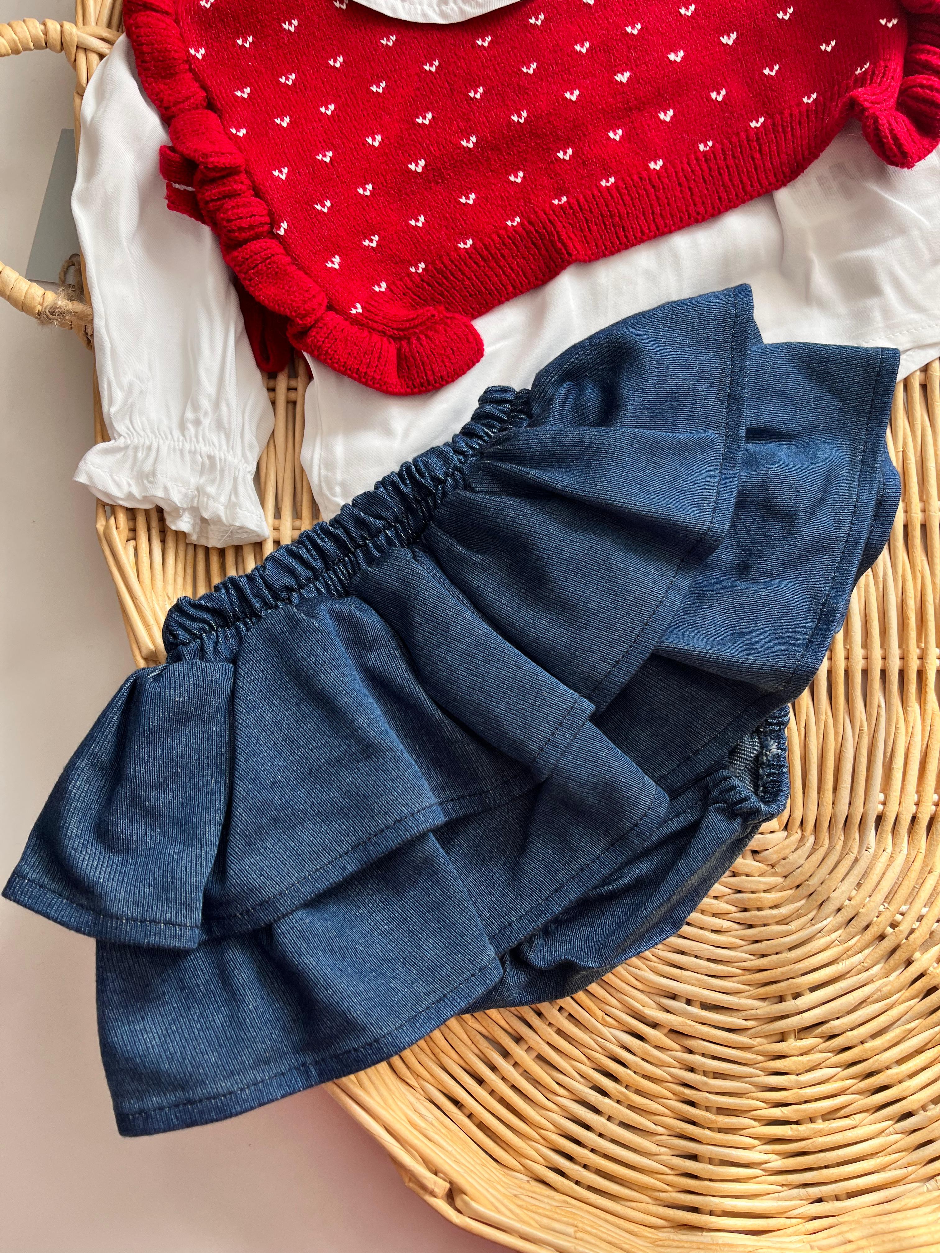 Cool Girl Premium Örme Süveter Gömlek Kot Etek 3'lü Takım