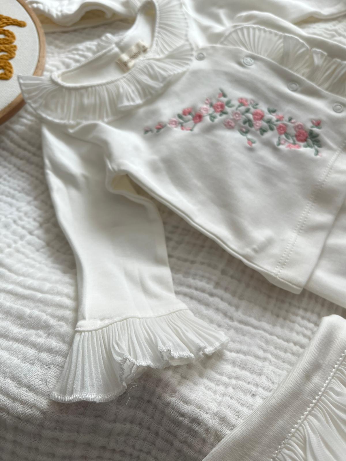 Perla %100 Pamuk premium Çiçek Nakış 5'li Yenidoğan set Ekru